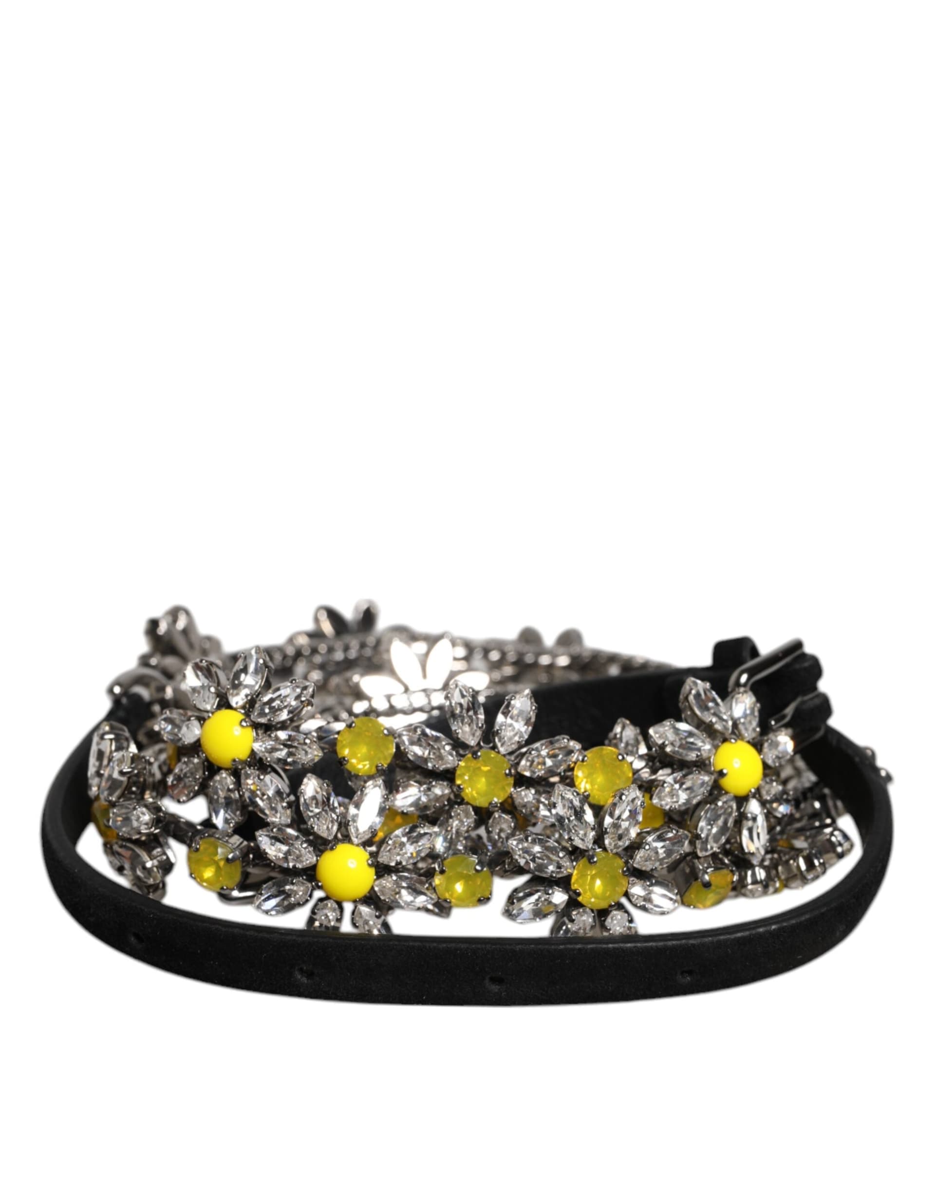 Dolce & Gabbana Black Leather Daisy Crystal Embellish Waist Belt - 2