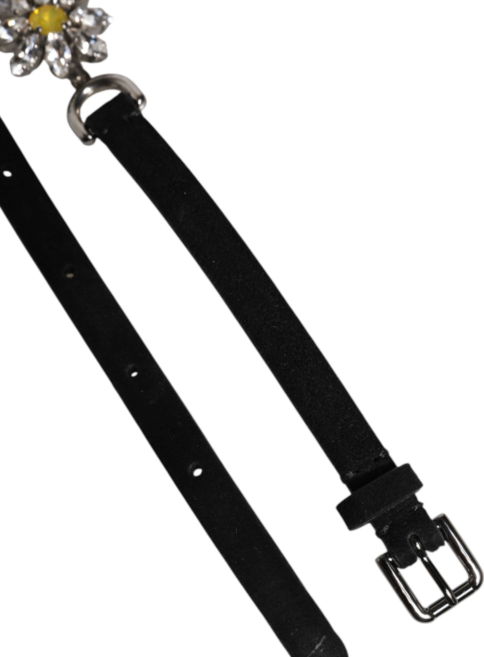 Dolce & Gabbana Black Leather Daisy Crystal Embellish Waist Belt - 7