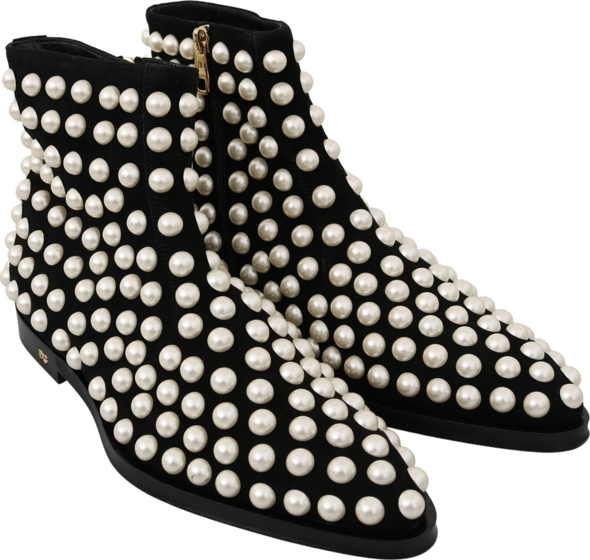 Dolce & Gabbana Black Suede Pearl Studs Boots Shoes - 4