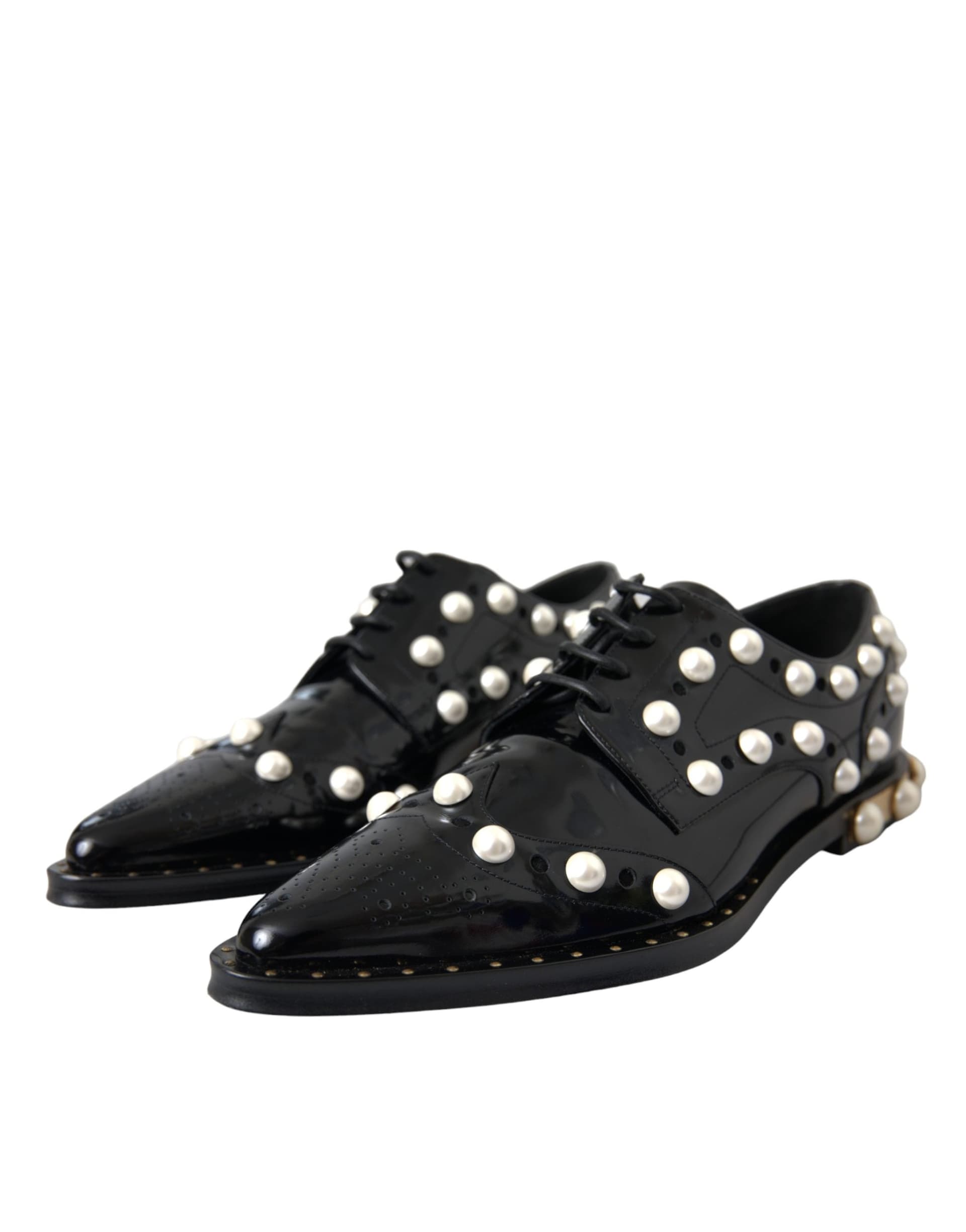 Dolce & Gabbana Black Leather Faux Pearl Dress Brogue Shoes - 2