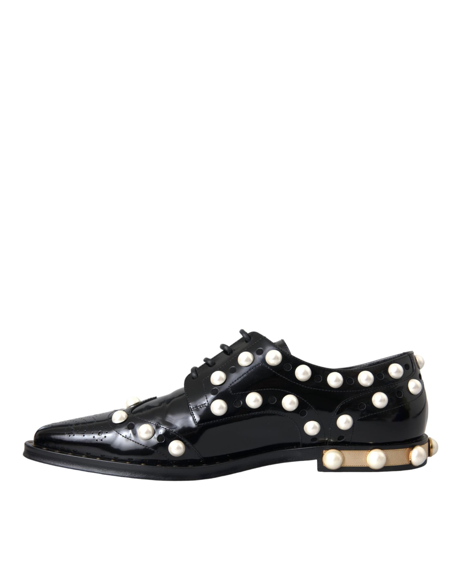 Dolce & Gabbana Black Leather Faux Pearl Dress Brogue Shoes - 4