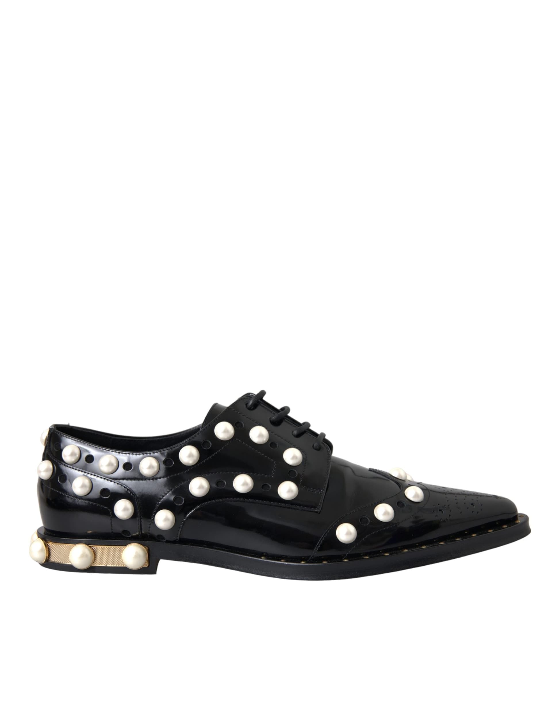 Dolce & Gabbana Black Leather Faux Pearl Dress Brogue Shoes - 5
