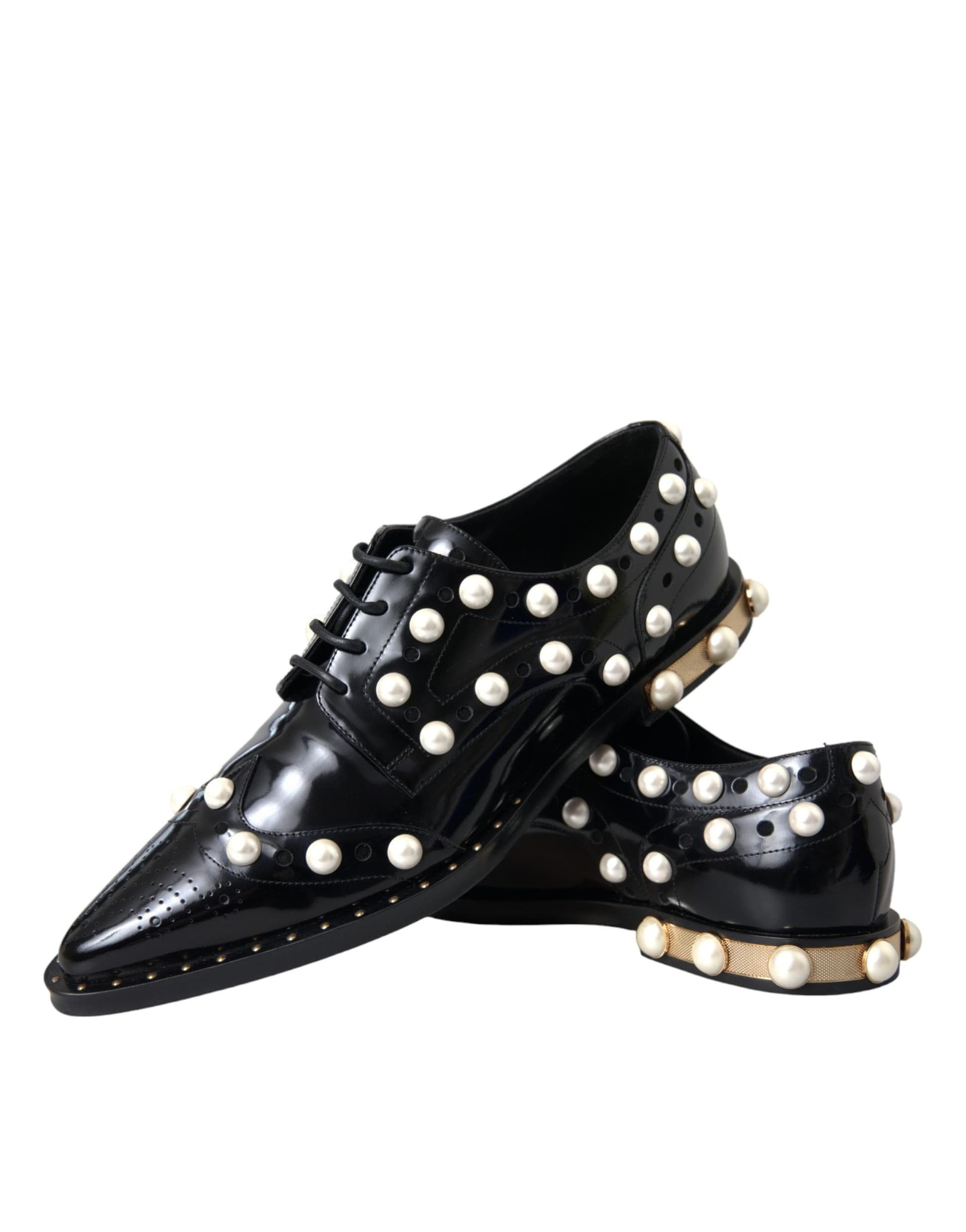 Dolce & Gabbana Black Leather Faux Pearl Dress Brogue Shoes - 7