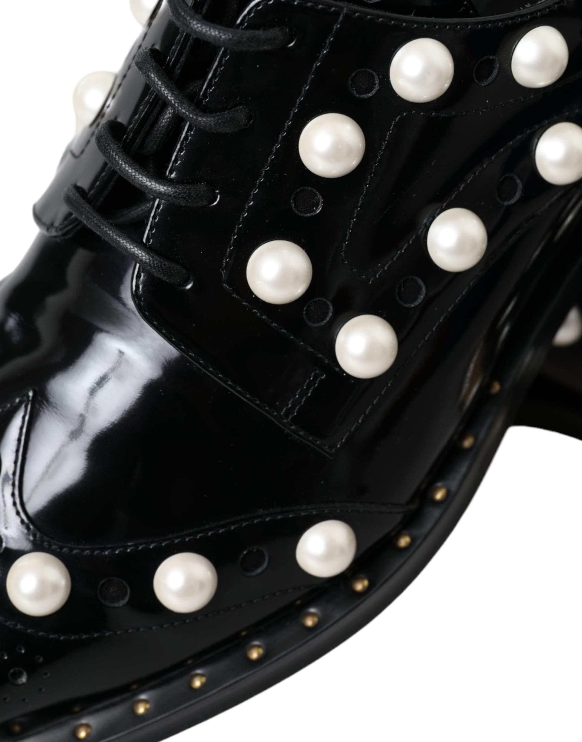 Dolce & Gabbana Black Leather Faux Pearl Dress Brogue Shoes - 8