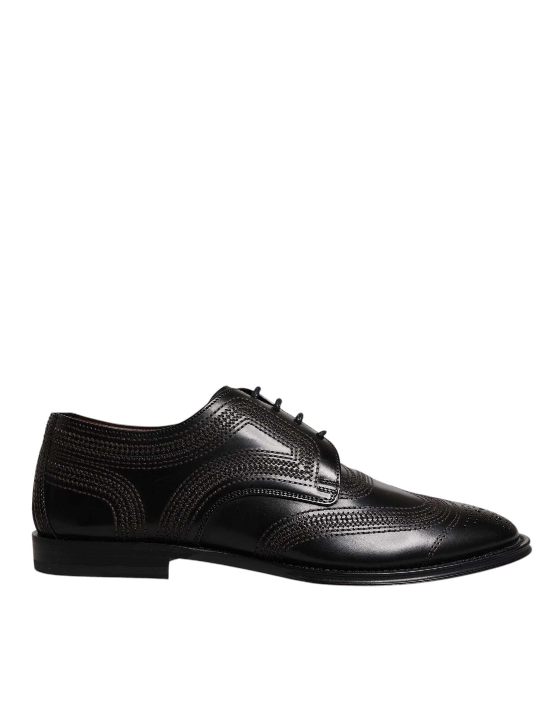 Dolce & Gabbana Black Embroidered Classic Leather Derby Dress Shoes - 6