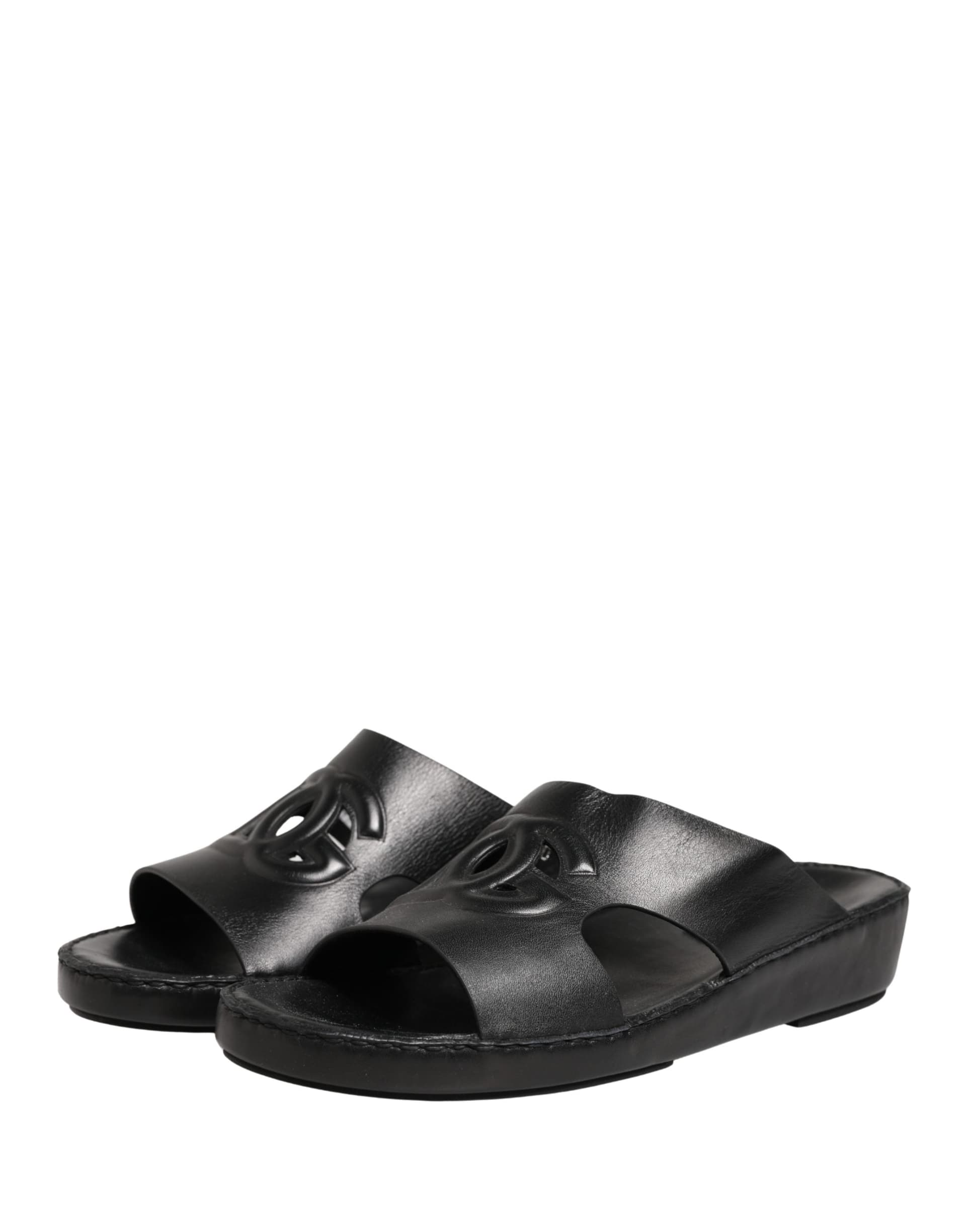 Dolce & Gabbana Black Leather Cutout DG Logo Sandals Shoes - 7