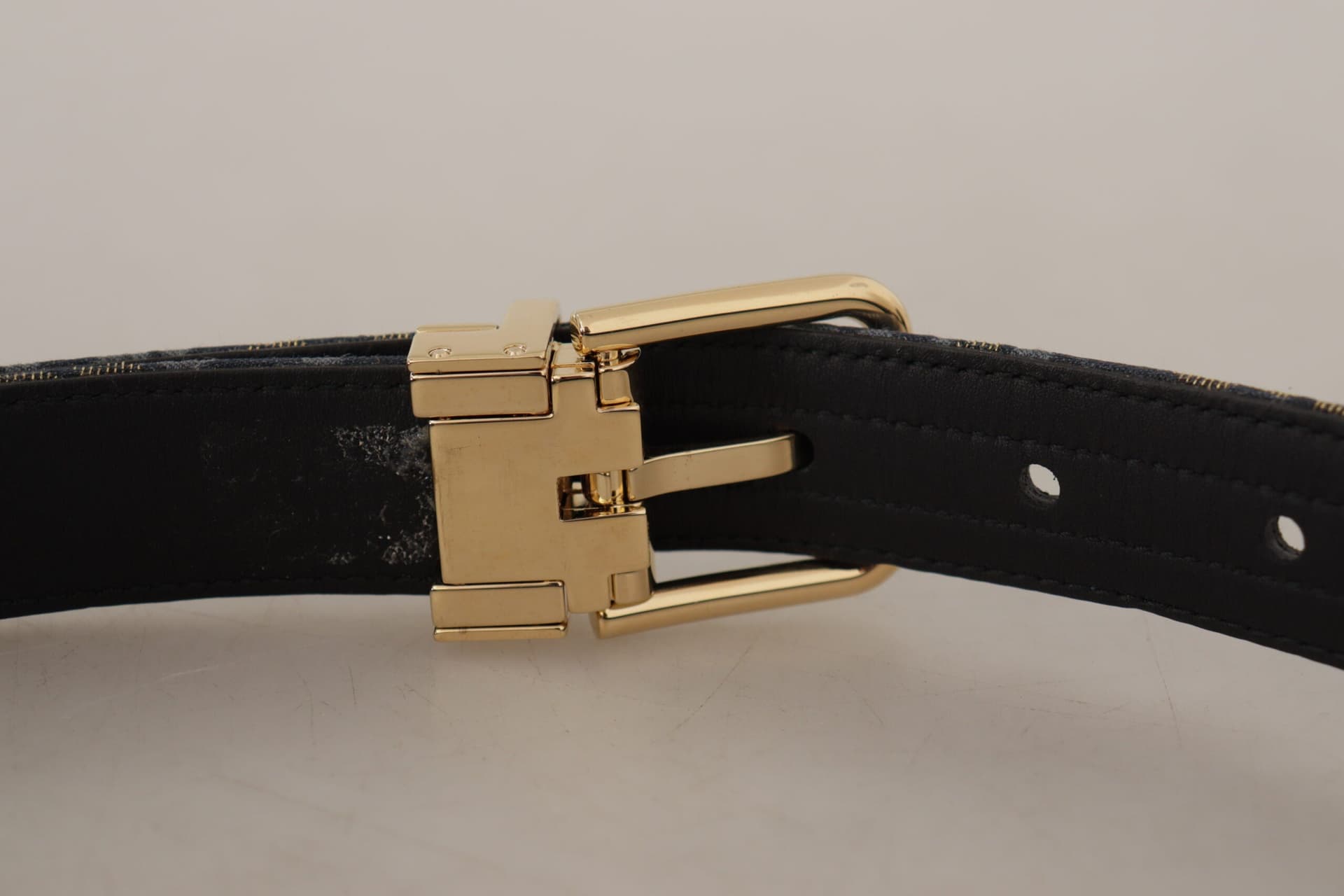 Dolce & Gabbana Navy Blue Jacquard Gold Tone Logo Metal Buckle Belt - 6