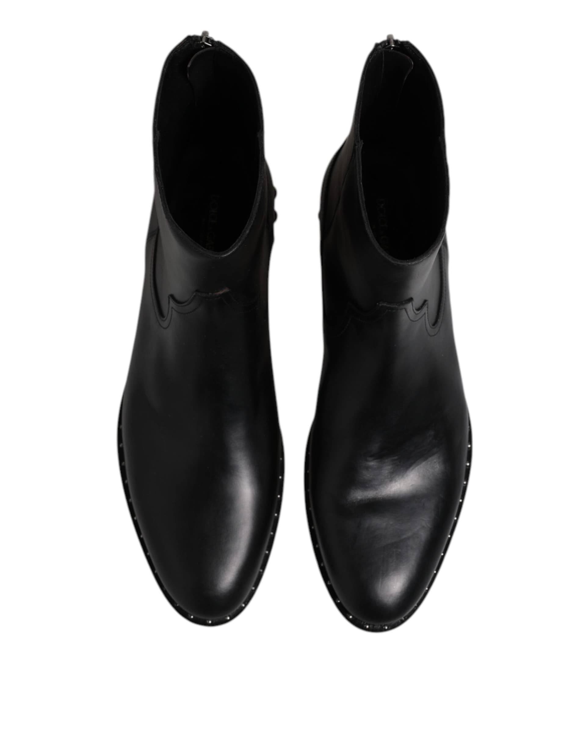 Dolce & Gabbana Black Leather Logo Ankle Boots Studded Shoes - 2