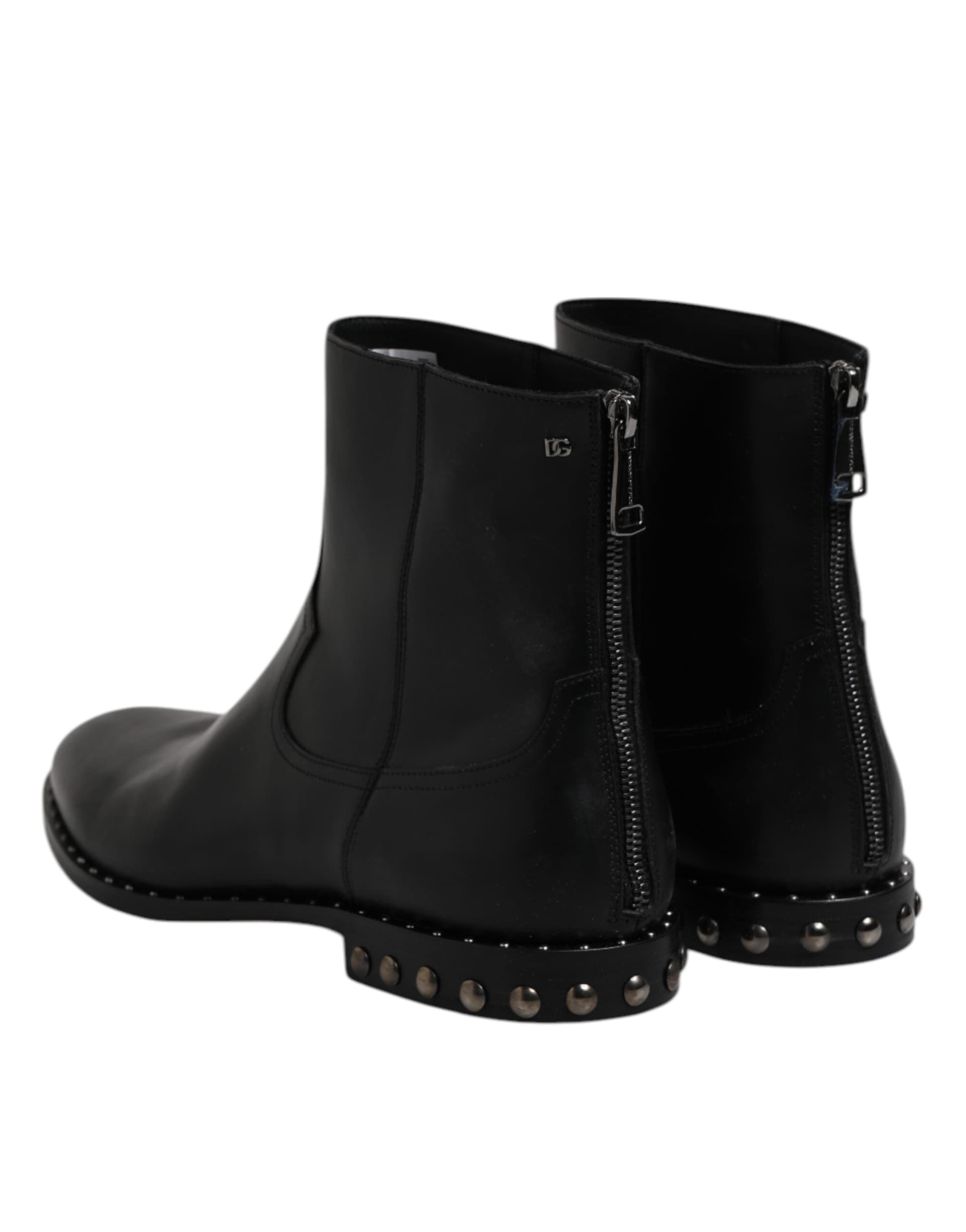 Dolce & Gabbana Black Leather Logo Ankle Boots Studded Shoes - 4