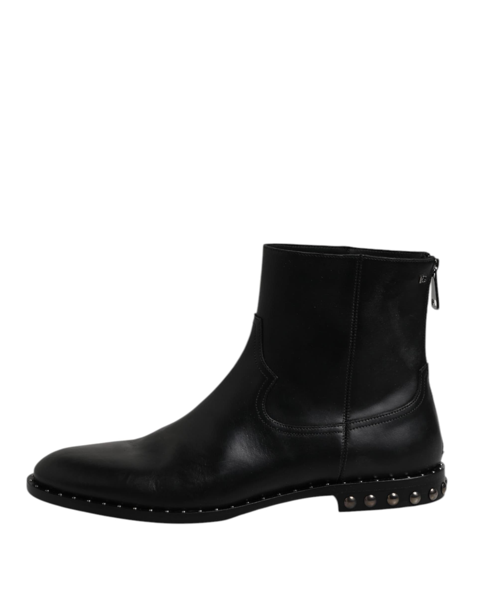 Dolce & Gabbana Black Leather Logo Ankle Boots Studded Shoes - 5