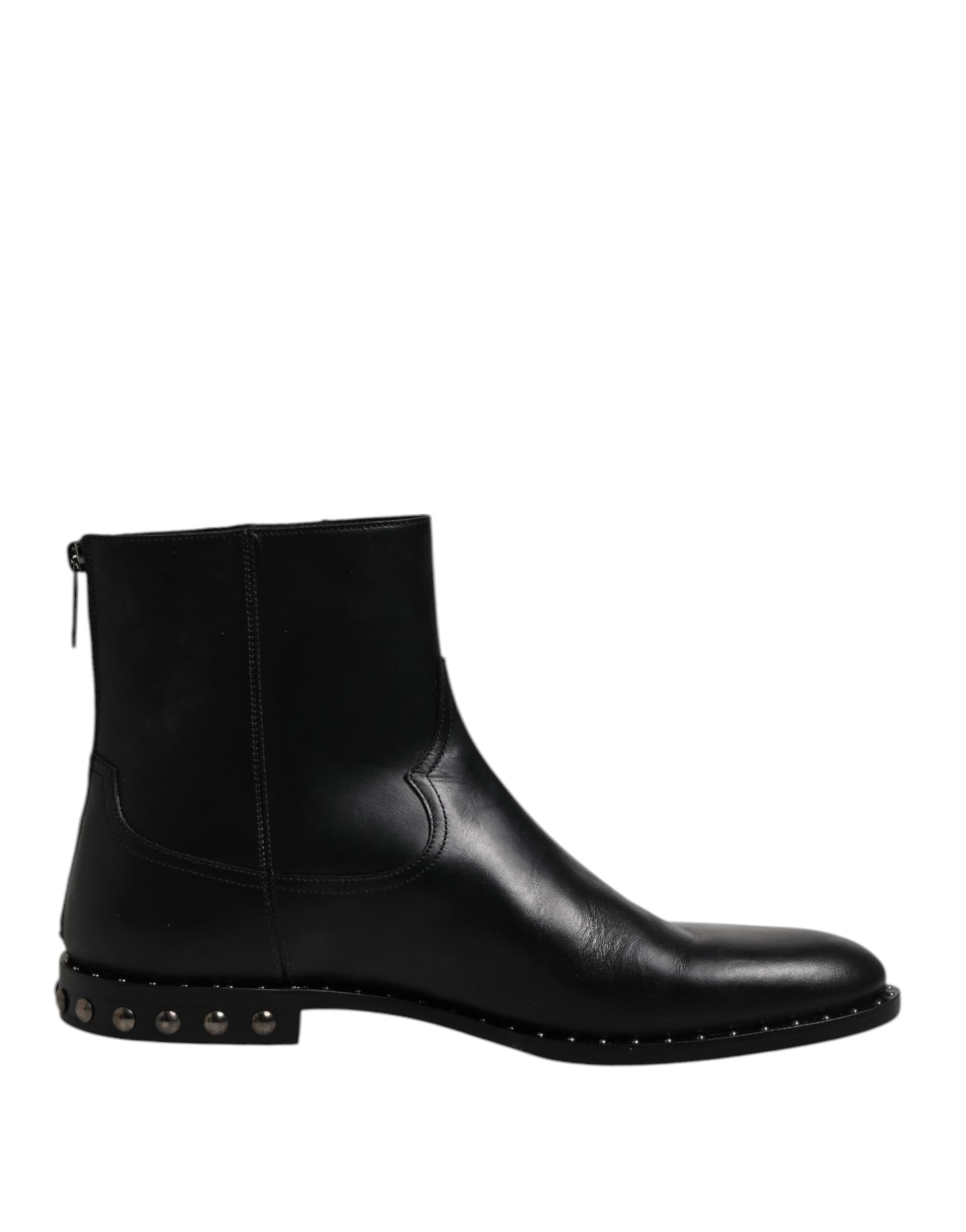 Dolce & Gabbana Black Leather Logo Ankle Boots Studded Shoes - 6