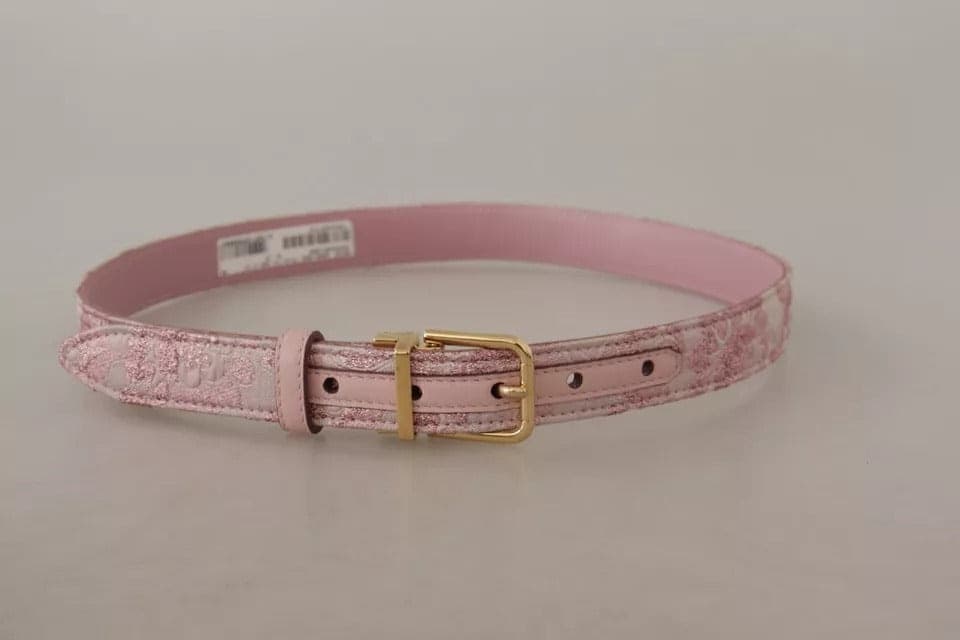 Dolce & Gabbana Pink Jaquard Embroidered Gold Tone Metal Buckle Belt - 4