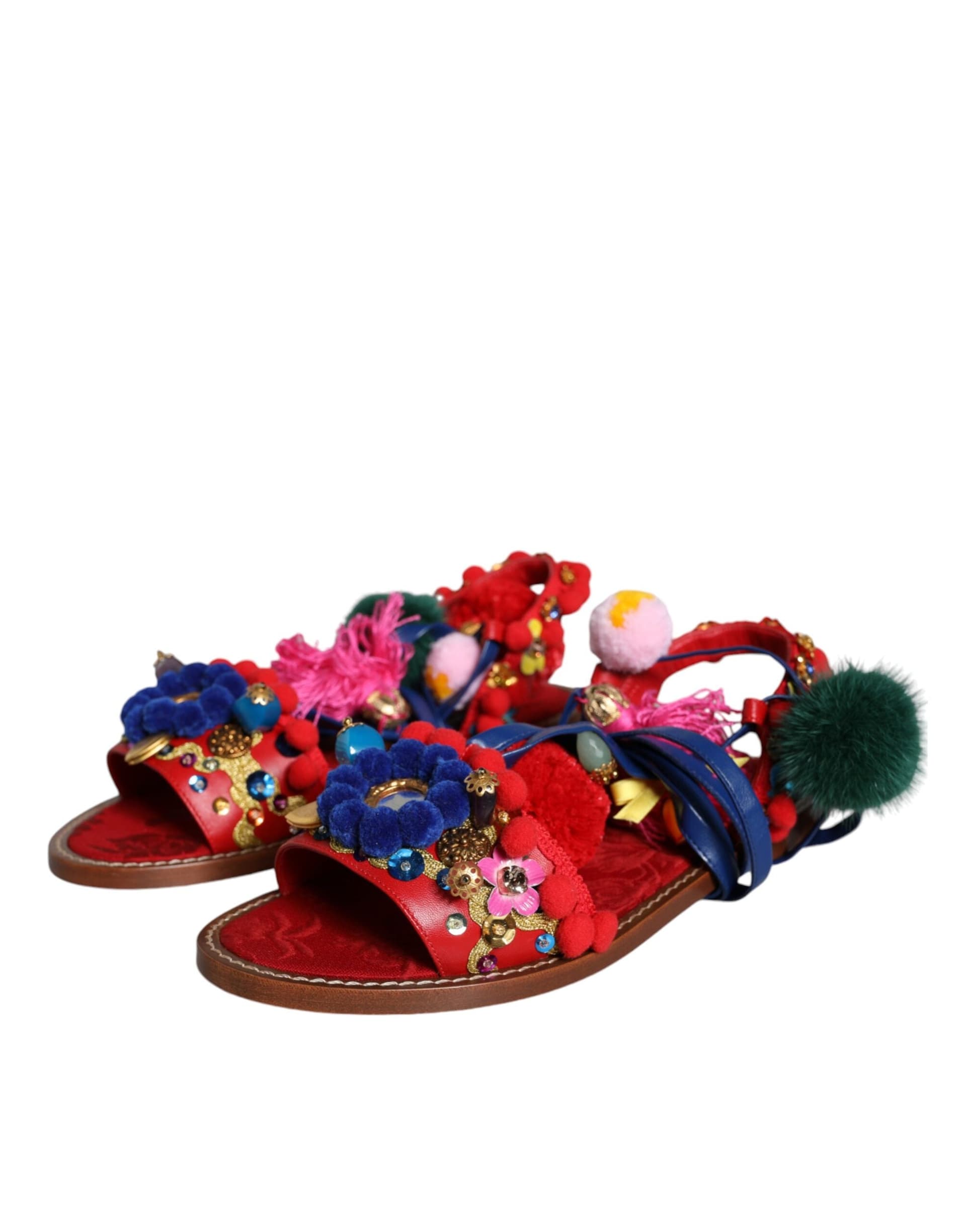 Dolce & Gabbana Multicolor Pom Pom Fur Wrap Sandals Shoes - 2