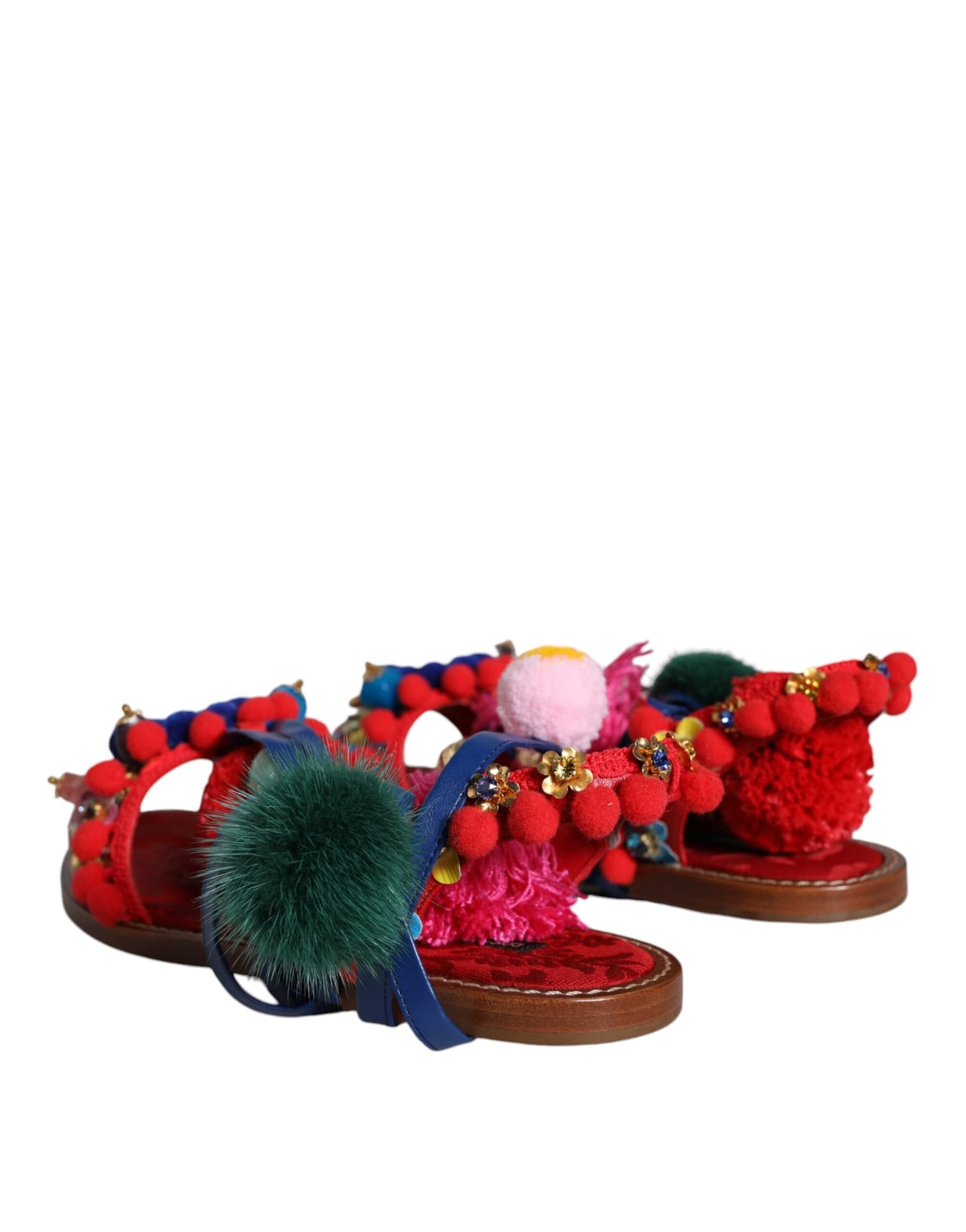 Dolce & Gabbana Multicolor Pom Pom Fur Wrap Sandals Shoes - 3