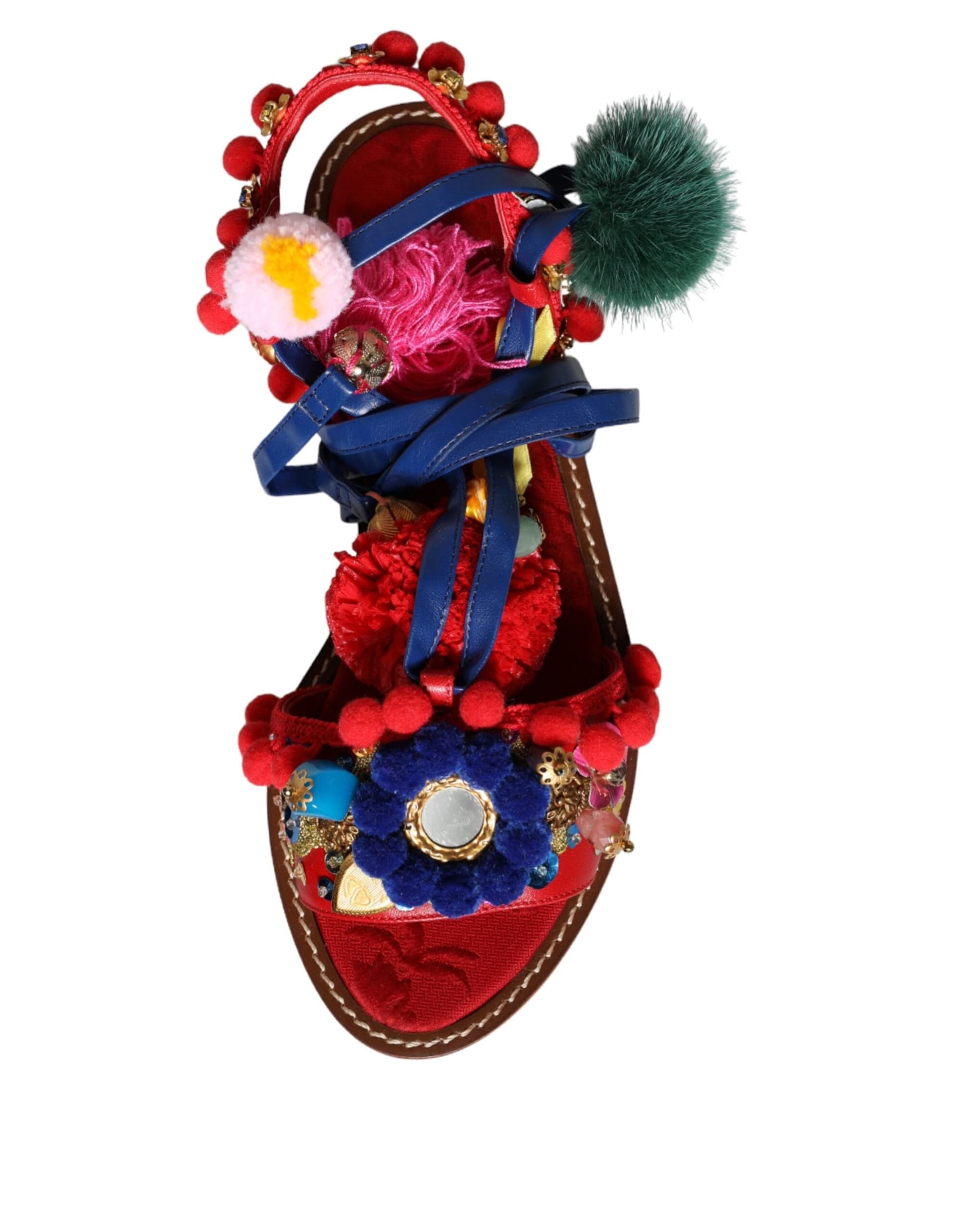 Dolce & Gabbana Multicolor Pom Pom Fur Wrap Sandals Shoes - 4