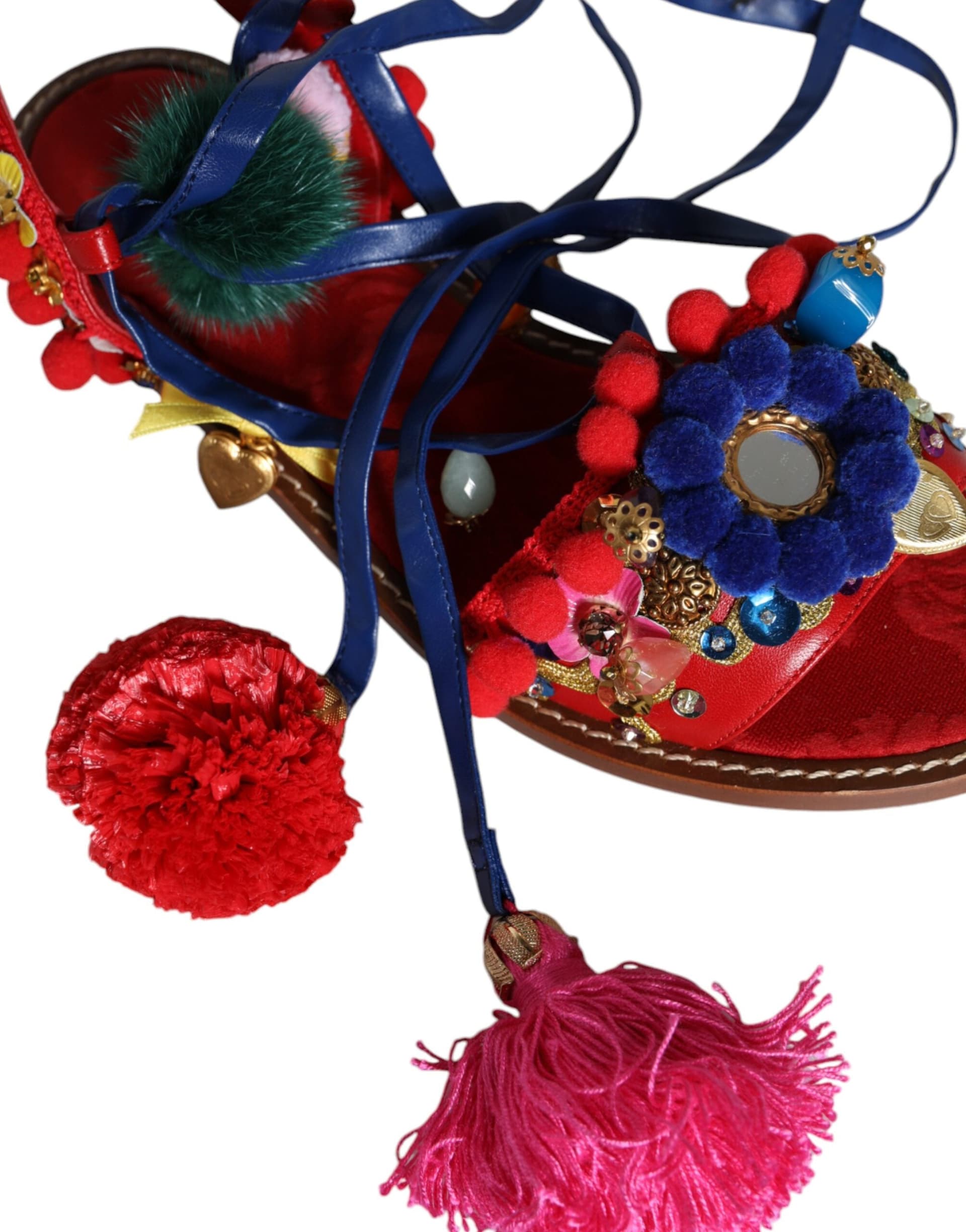 Dolce & Gabbana Multicolor Pom Pom Fur Wrap Sandals Shoes - 5