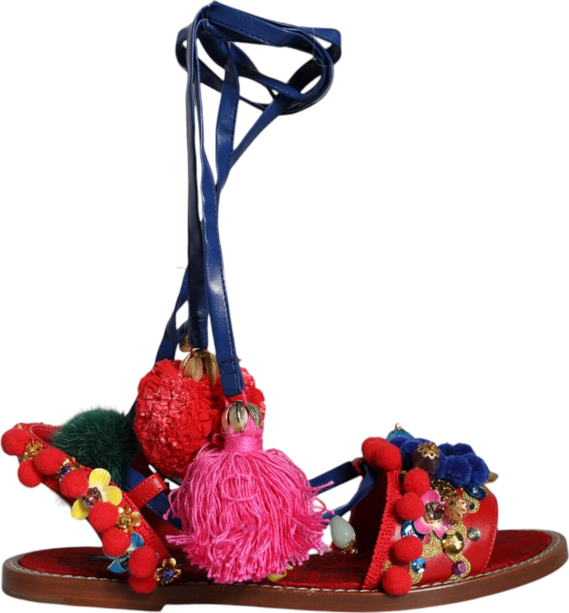 Dolce & Gabbana Multicolor Pom Pom Fur Wrap Sandals Shoes - 7