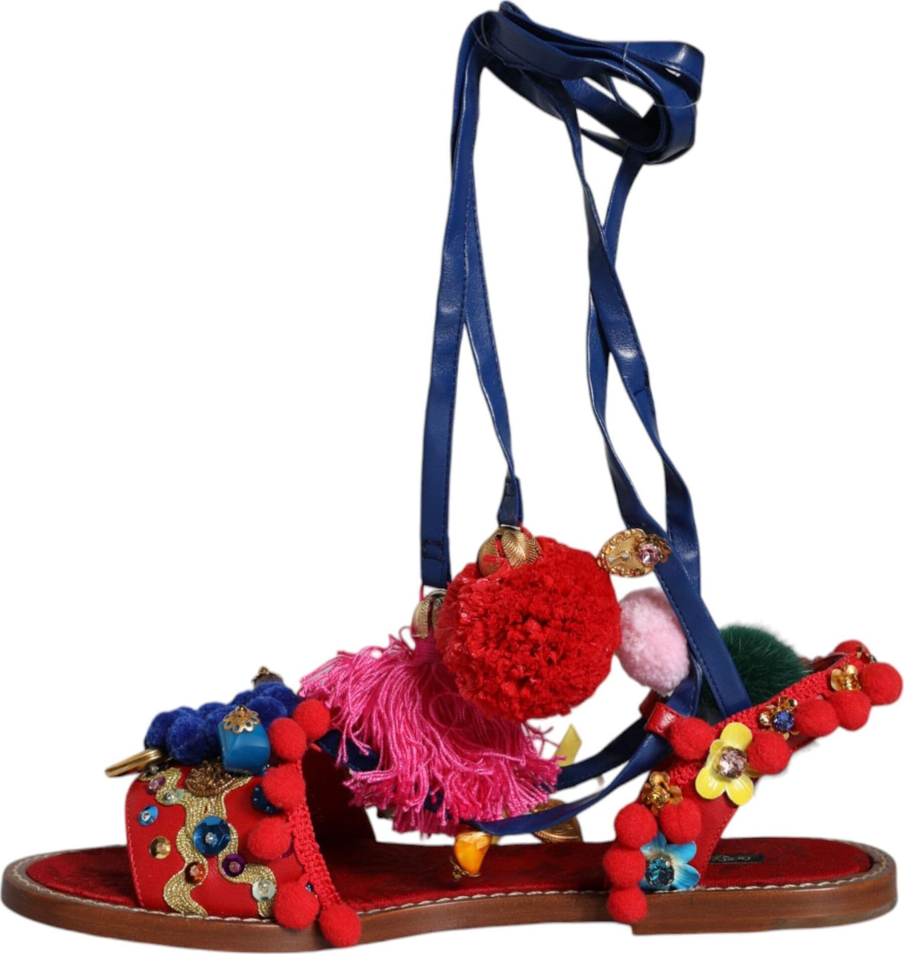Dolce & Gabbana Multicolor Pom Pom Fur Wrap Sandals Shoes - 8