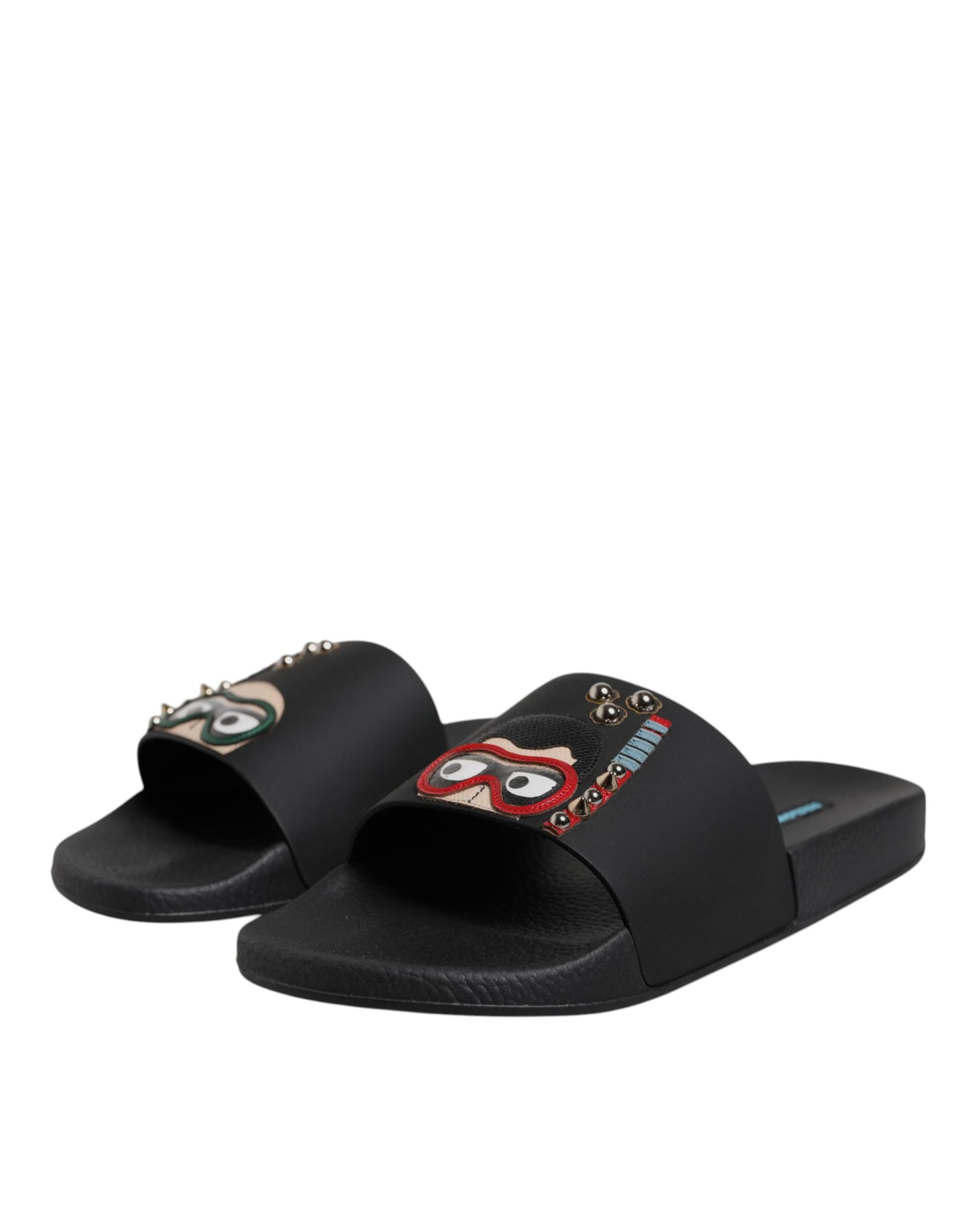 Dolce & Gabbana Black Divers Leather Flats Slides Sandals Beachwear Shoes - 3