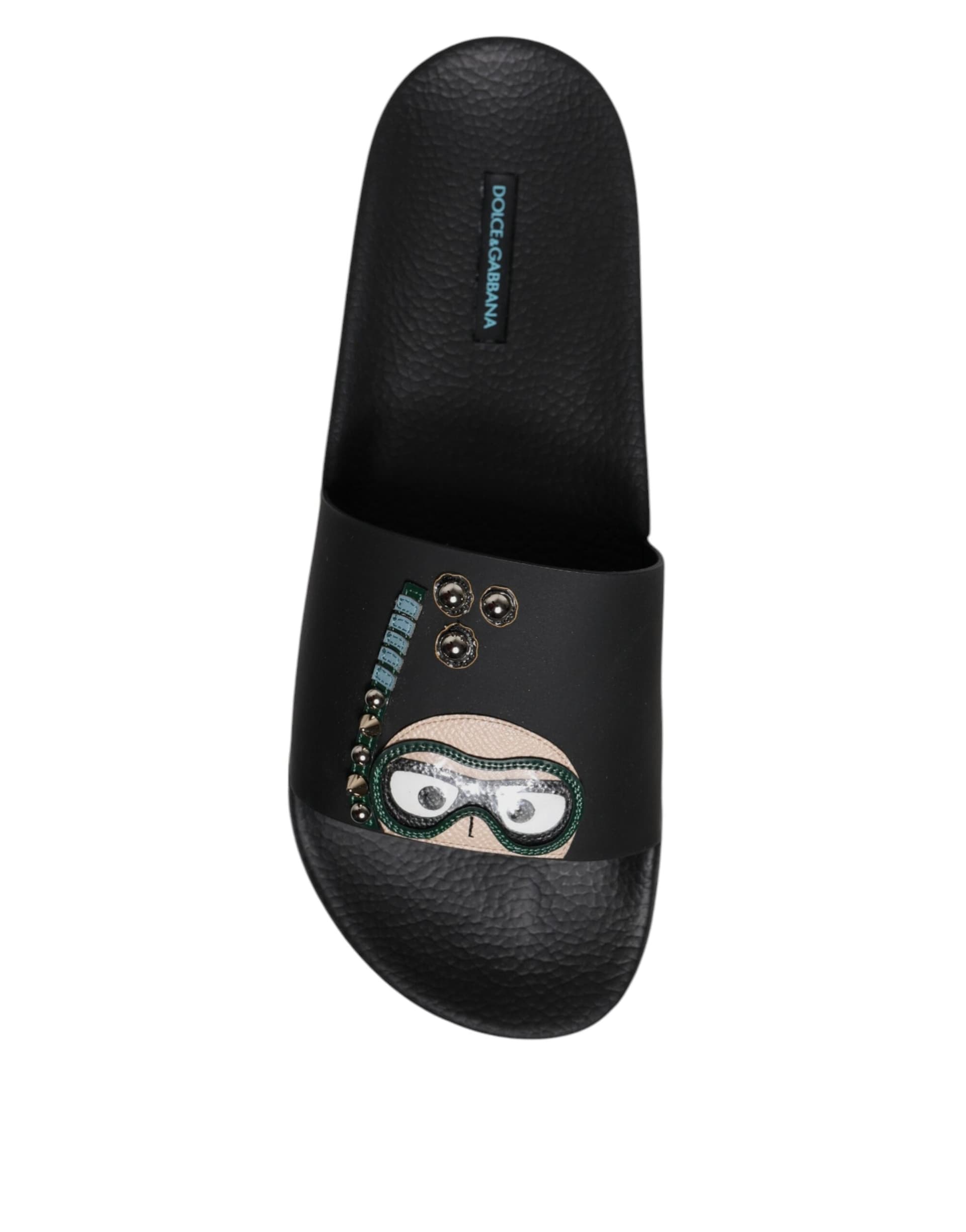 Dolce & Gabbana Black Divers Leather Flats Slides Sandals Beachwear Shoes - 8