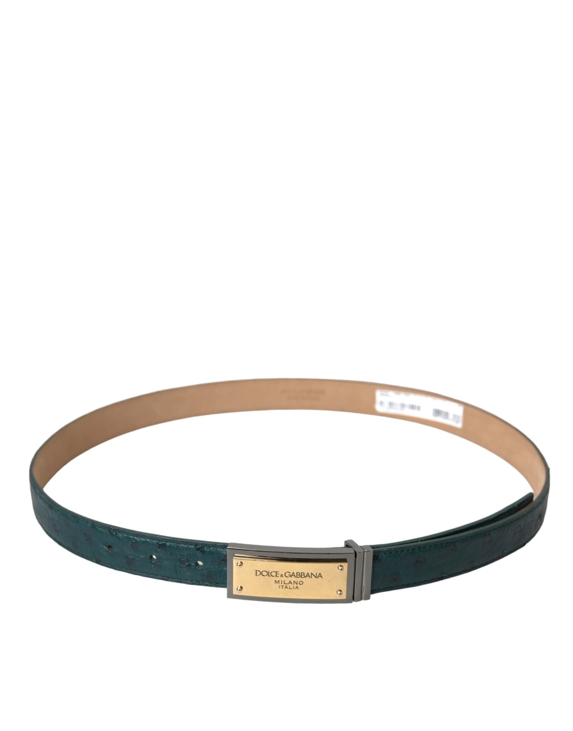Dolce & Gabbana Green Leather Gold Logo Engraved Buckle Belt - 2
