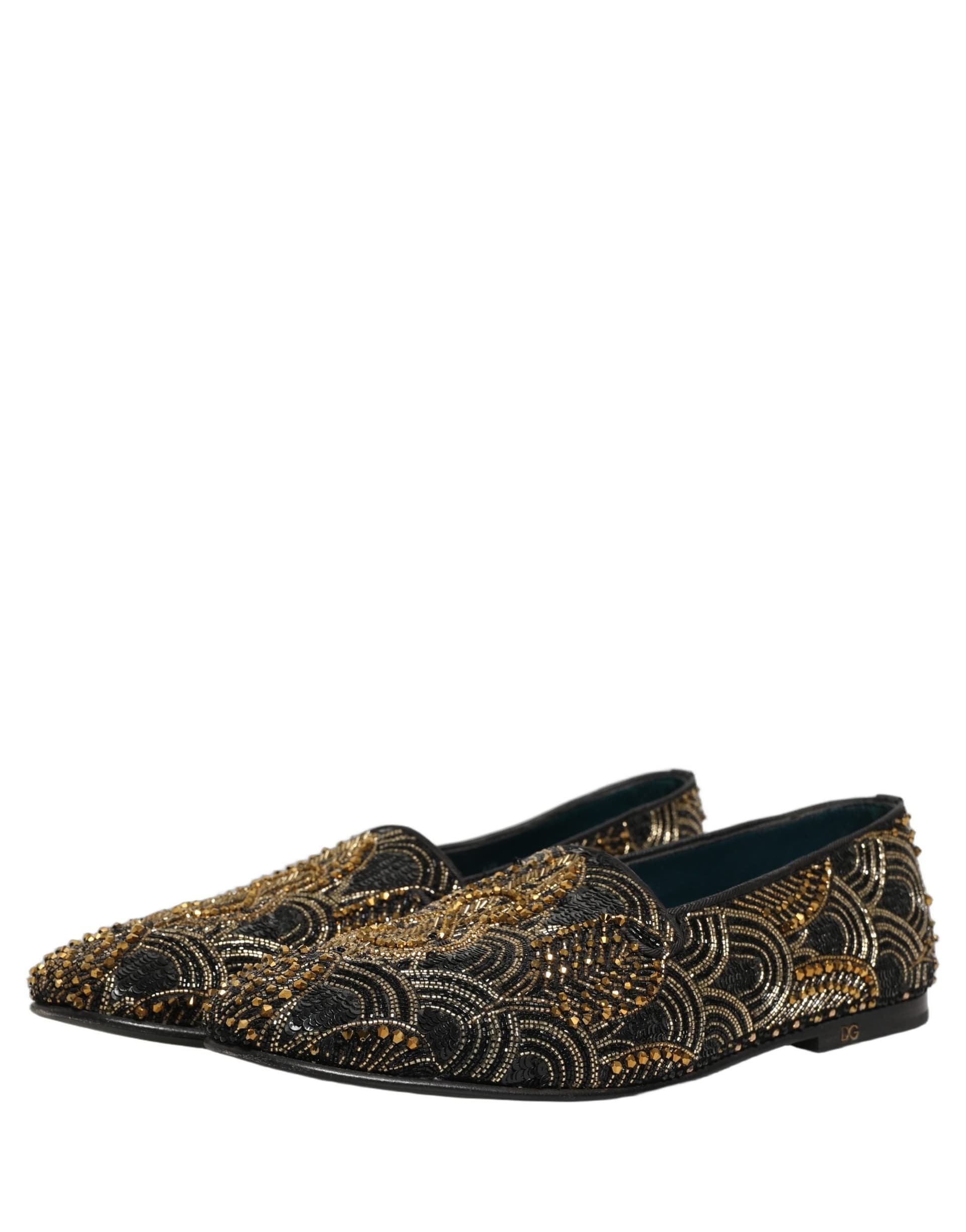 Dolce & Gabbana Black Gold Embellished Dress Loafers Shoes - 4
