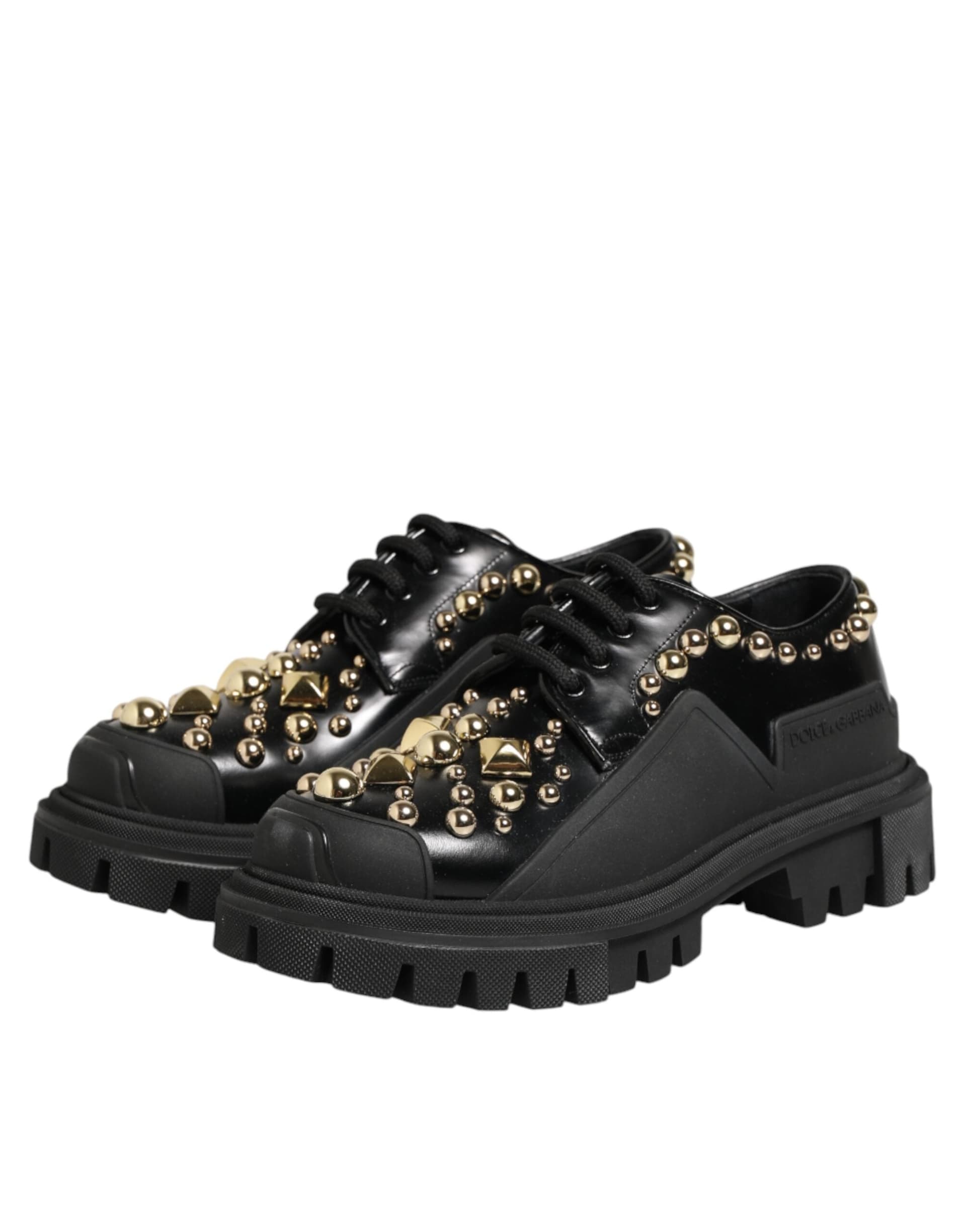 Dolce & Gabbana Black Leather Jeweled Crystals Derby Shoes - 3