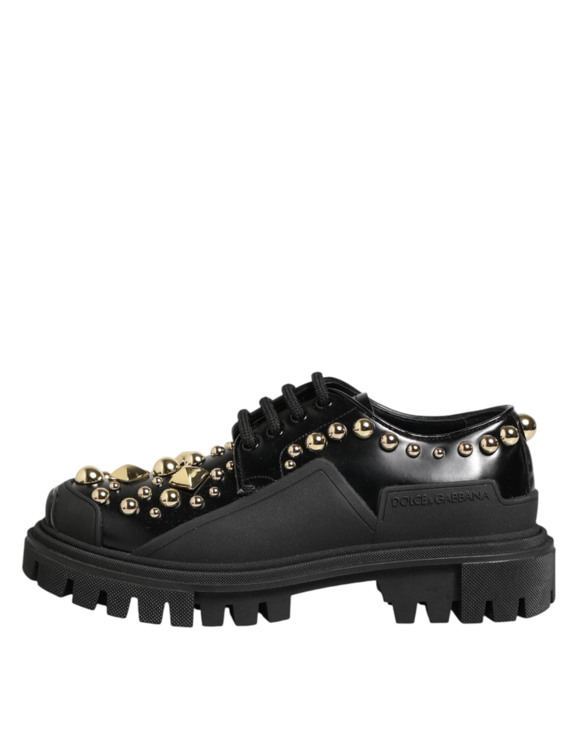 Dolce & Gabbana Black Leather Jeweled Crystals Derby Shoes - 5