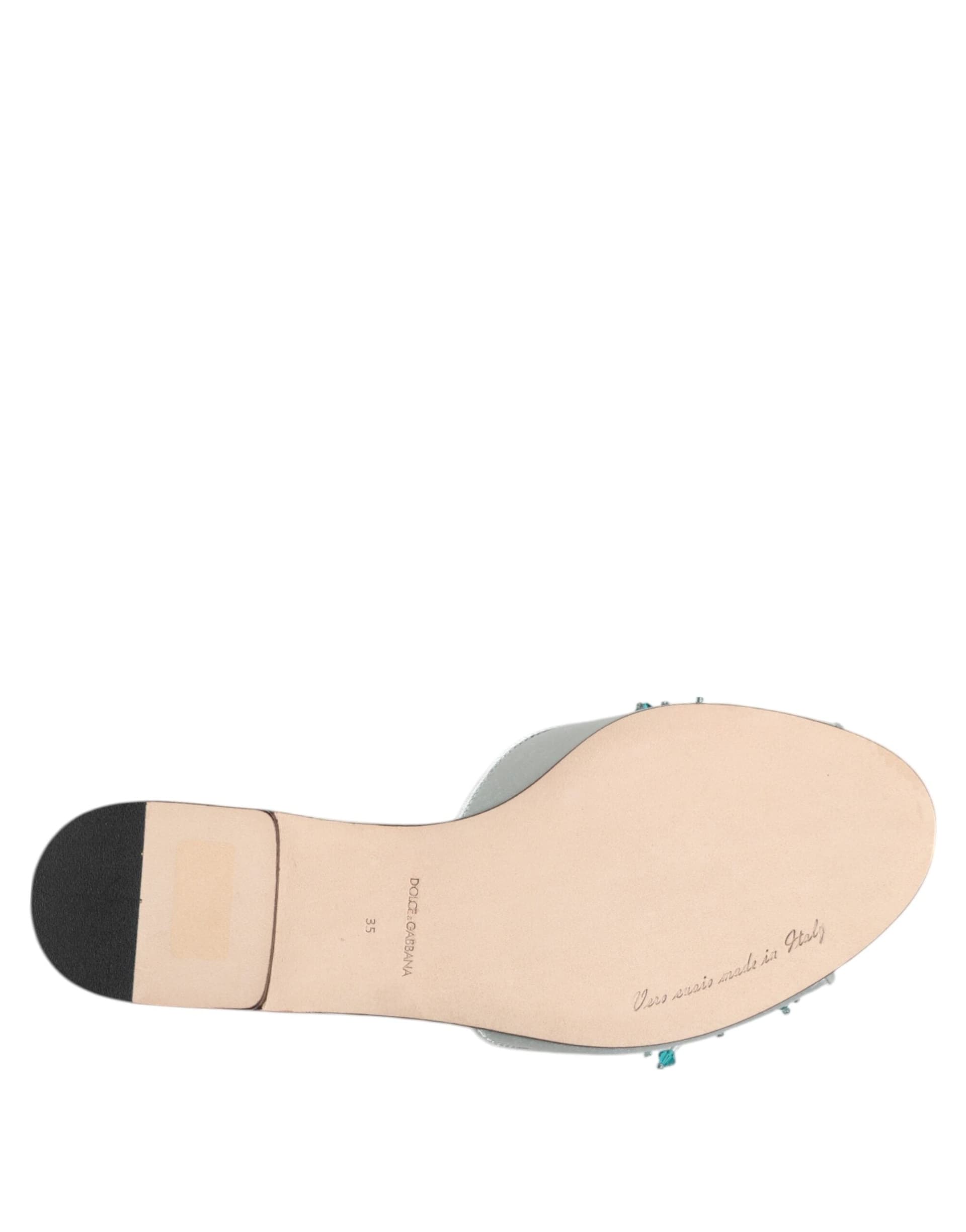 Dolce & Gabbana Silver Blue Leather Bead Embellish Slide Shoes - 8