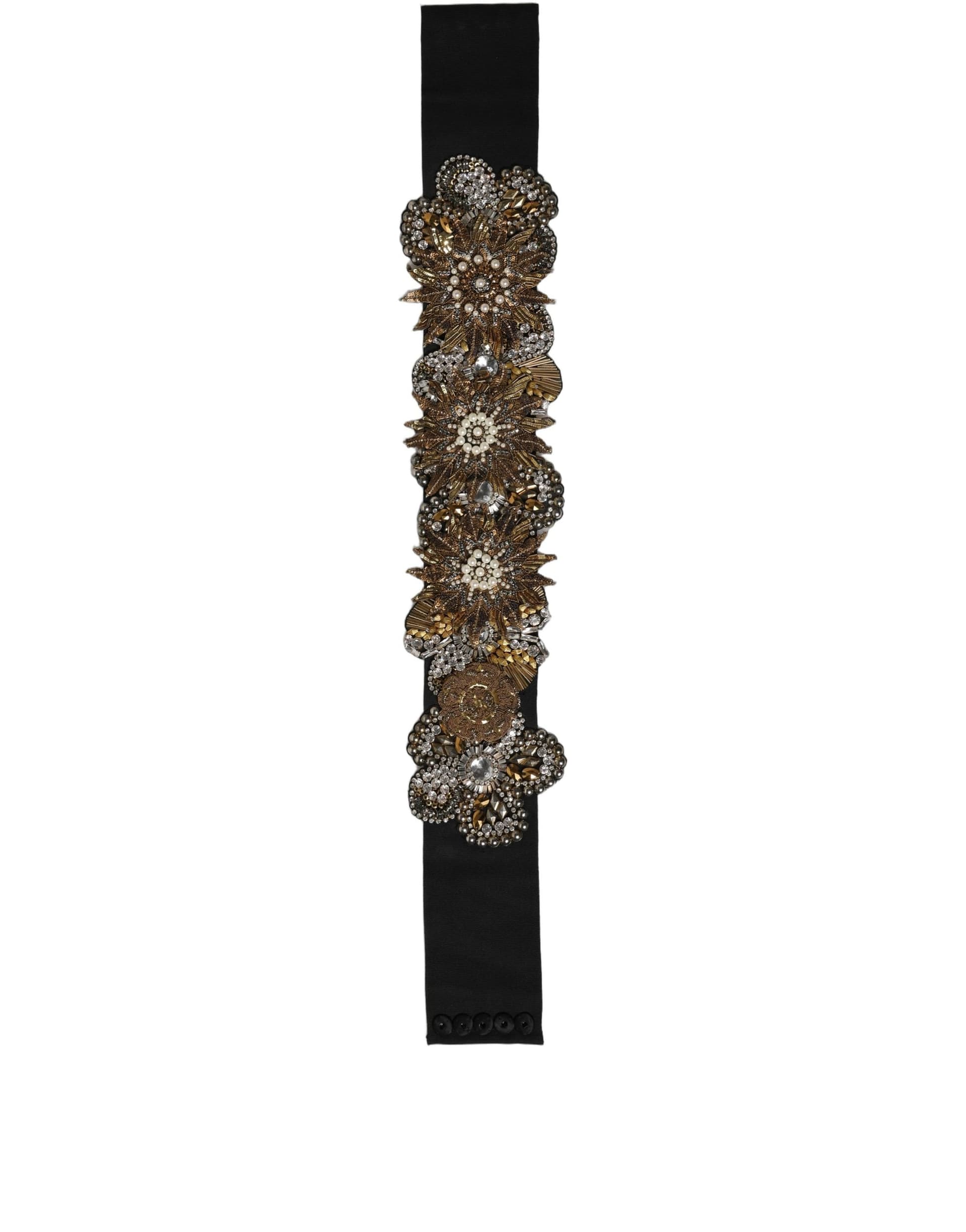 Dolce & Gabbana Black Gold Tone Crystal Brass Flower Brooches Belt - 2