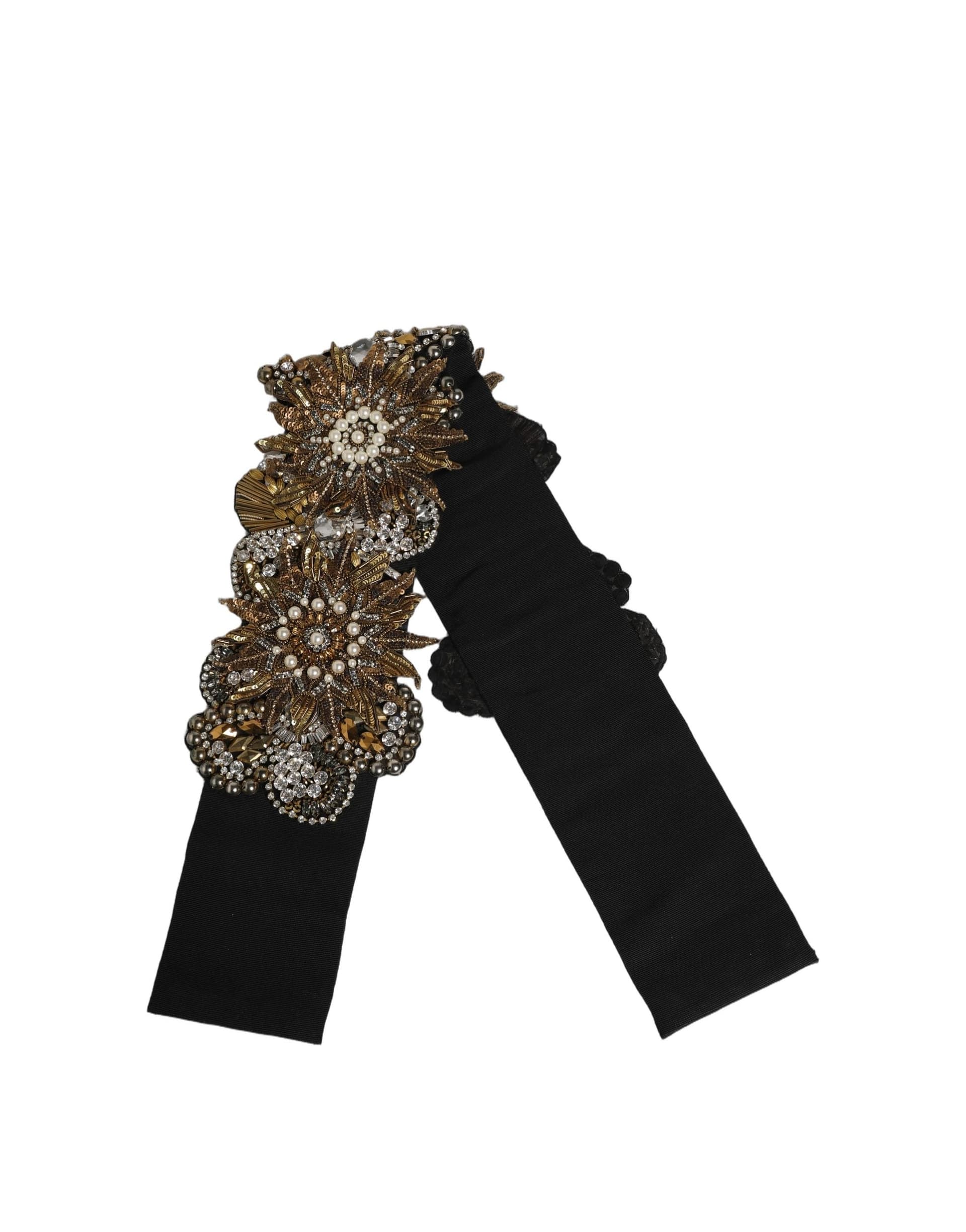 Dolce & Gabbana Black Gold Tone Crystal Brass Flower Brooches Belt - 5