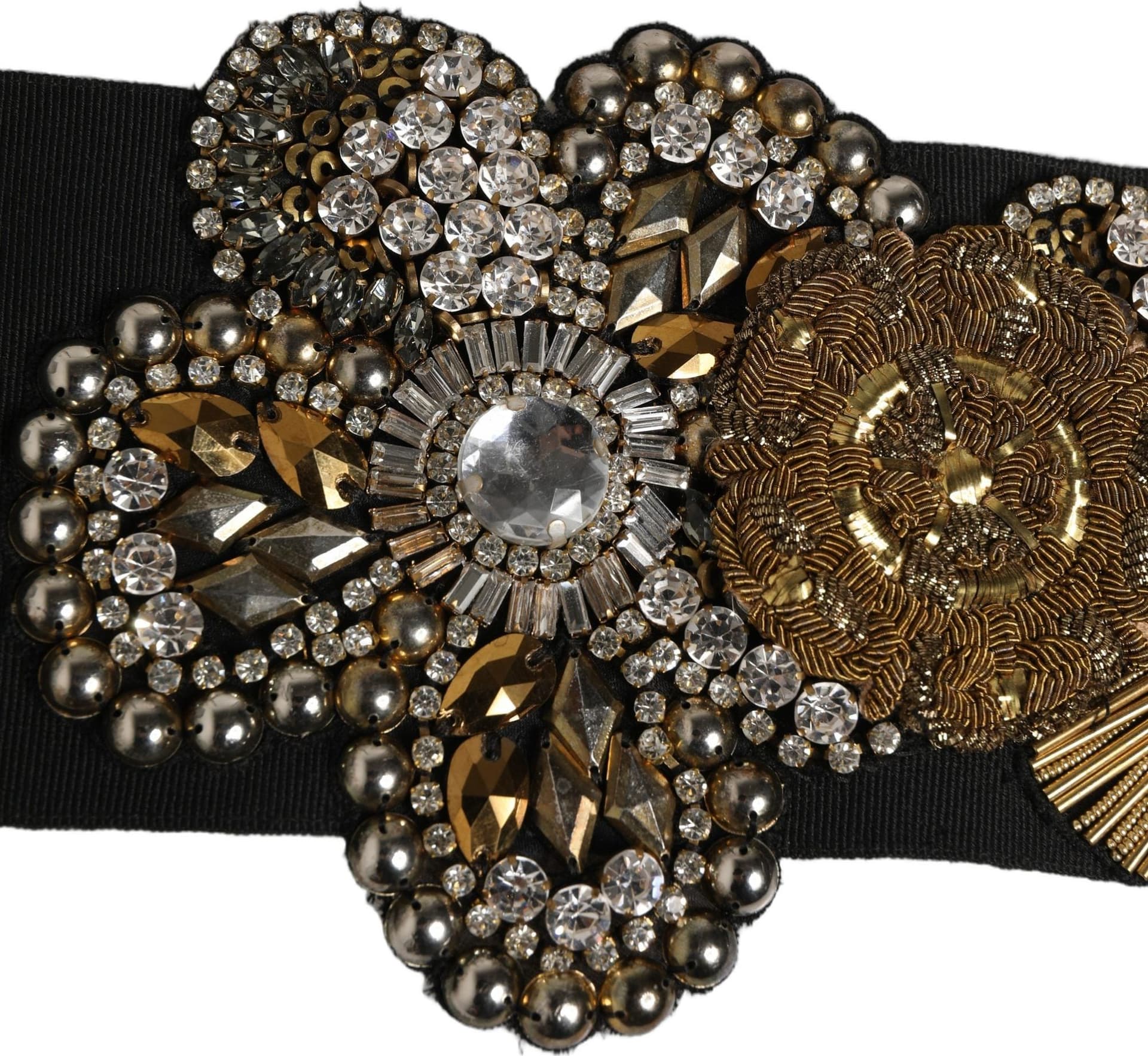 Dolce & Gabbana Black Gold Tone Crystal Brass Flower Brooches Belt - 6