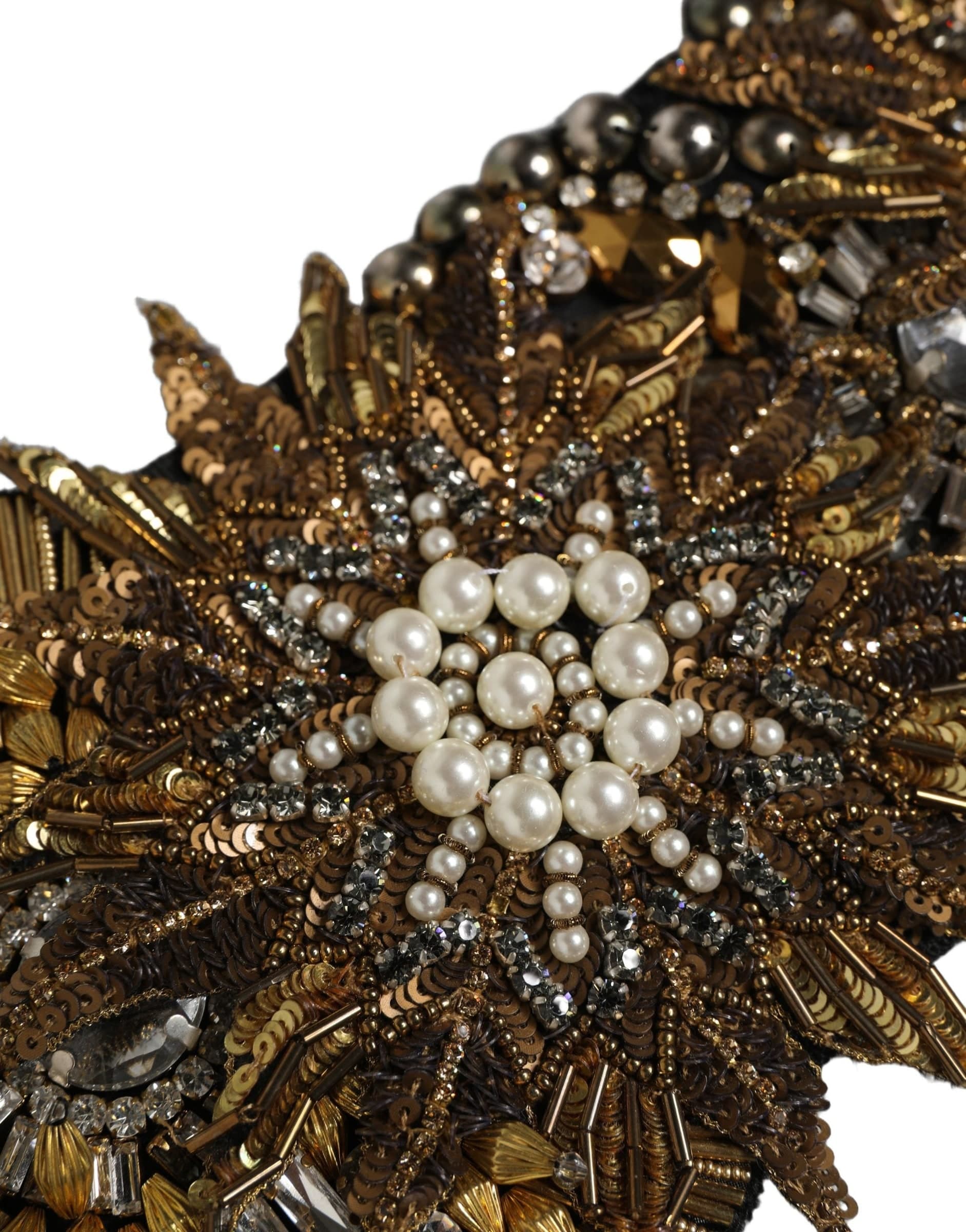 Dolce & Gabbana Black Gold Tone Crystal Brass Flower Brooches Belt - 7