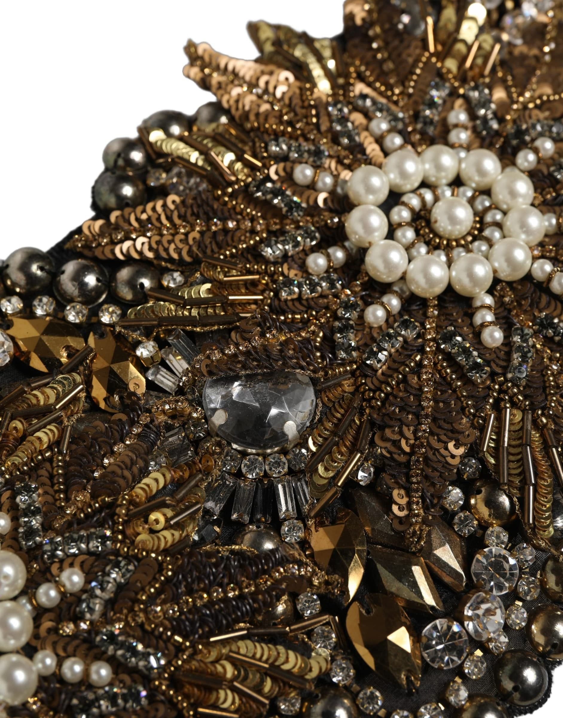 Dolce & Gabbana Black Gold Tone Crystal Brass Flower Brooches Belt - 8