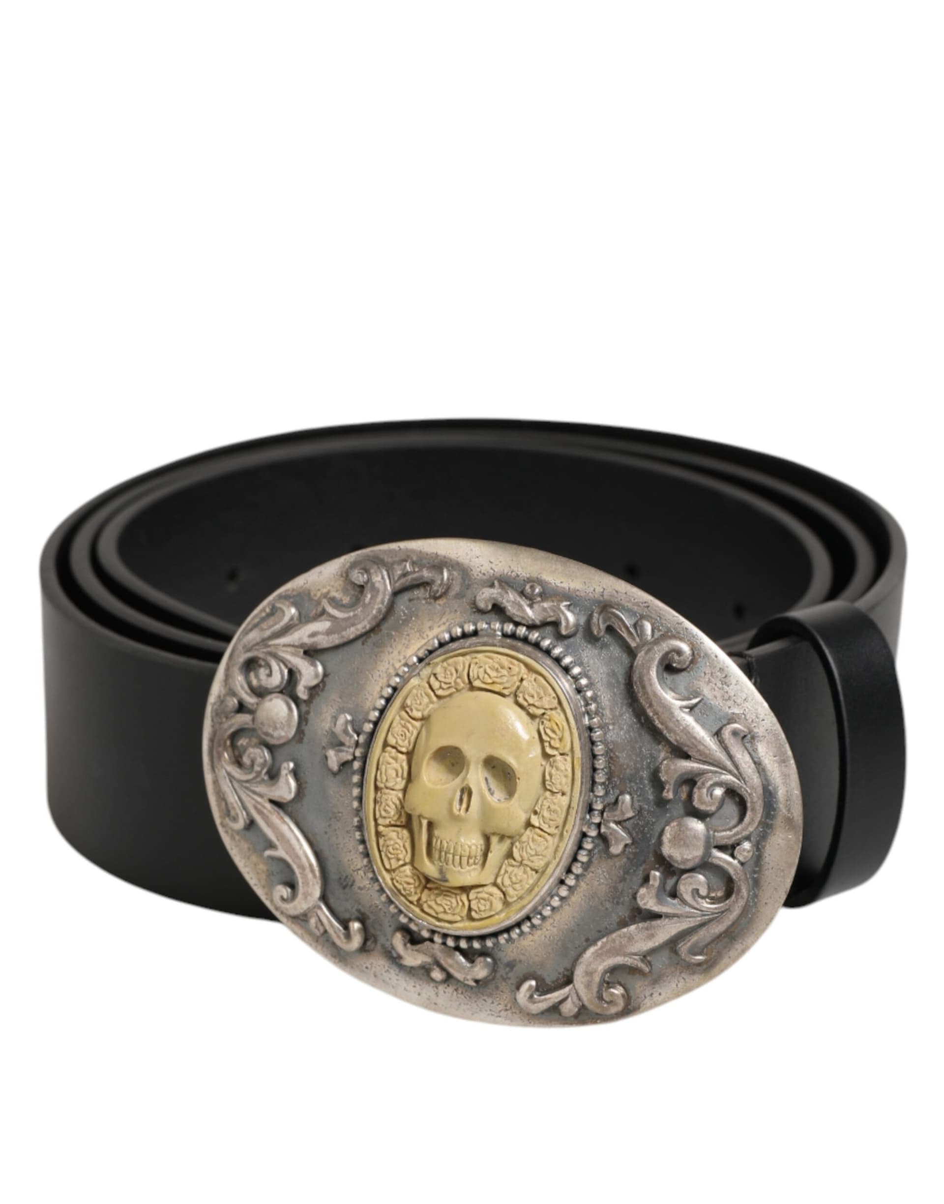 Dolce & Gabbana Black Leather Ornate Metal Buckle Men Belt - 2