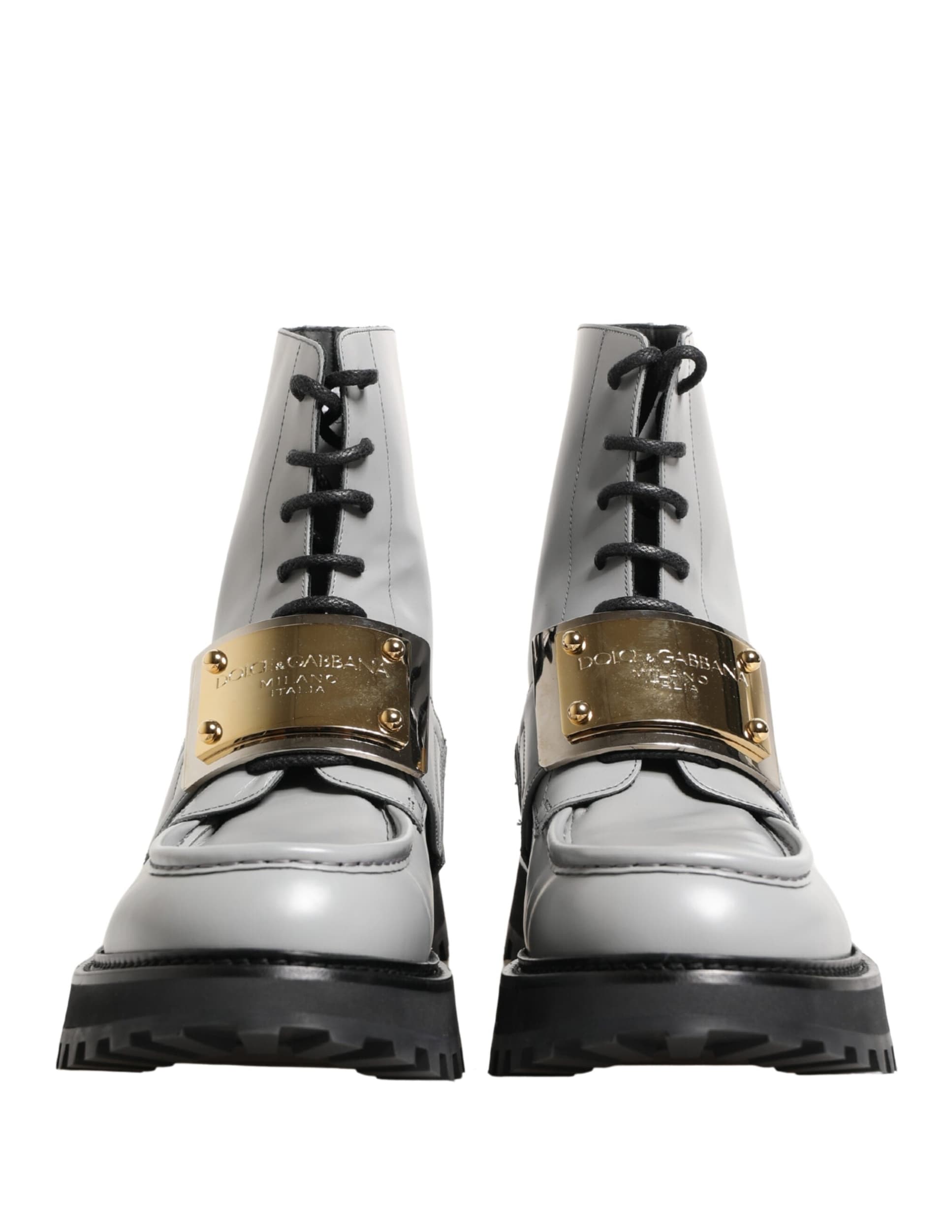 Dolce & Gabbana Gray Leather Logo Plaque Ankle Boots Shoes - 2