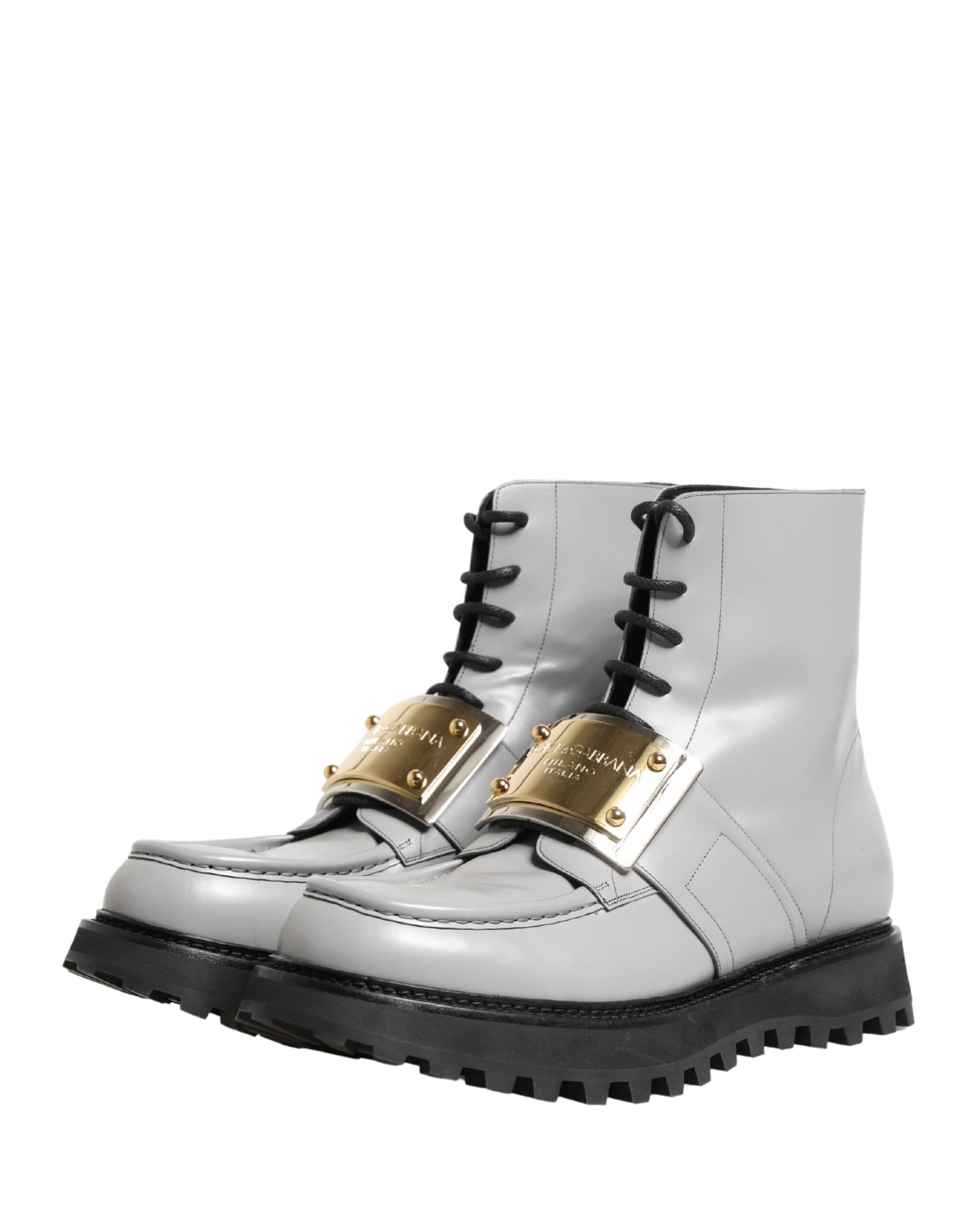 Dolce & Gabbana Gray Leather Logo Plaque Ankle Boots Shoes - 3