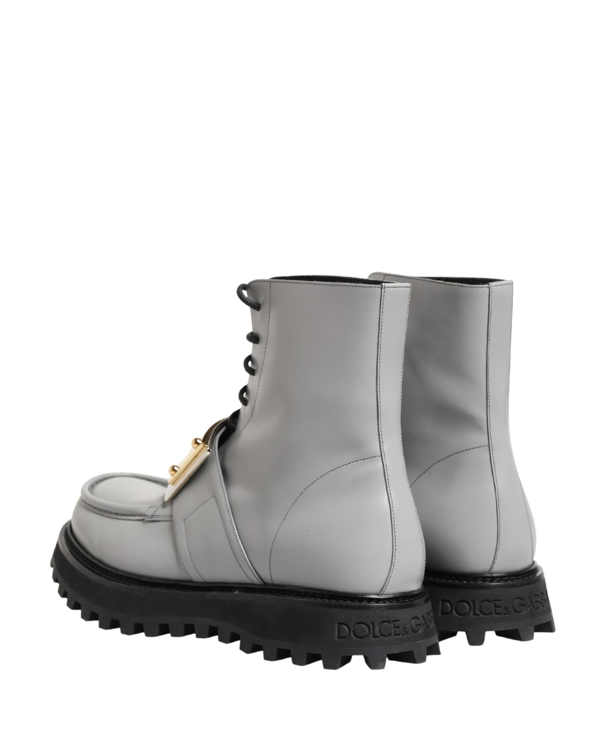 Dolce & Gabbana Gray Leather Logo Plaque Ankle Boots Shoes - 4