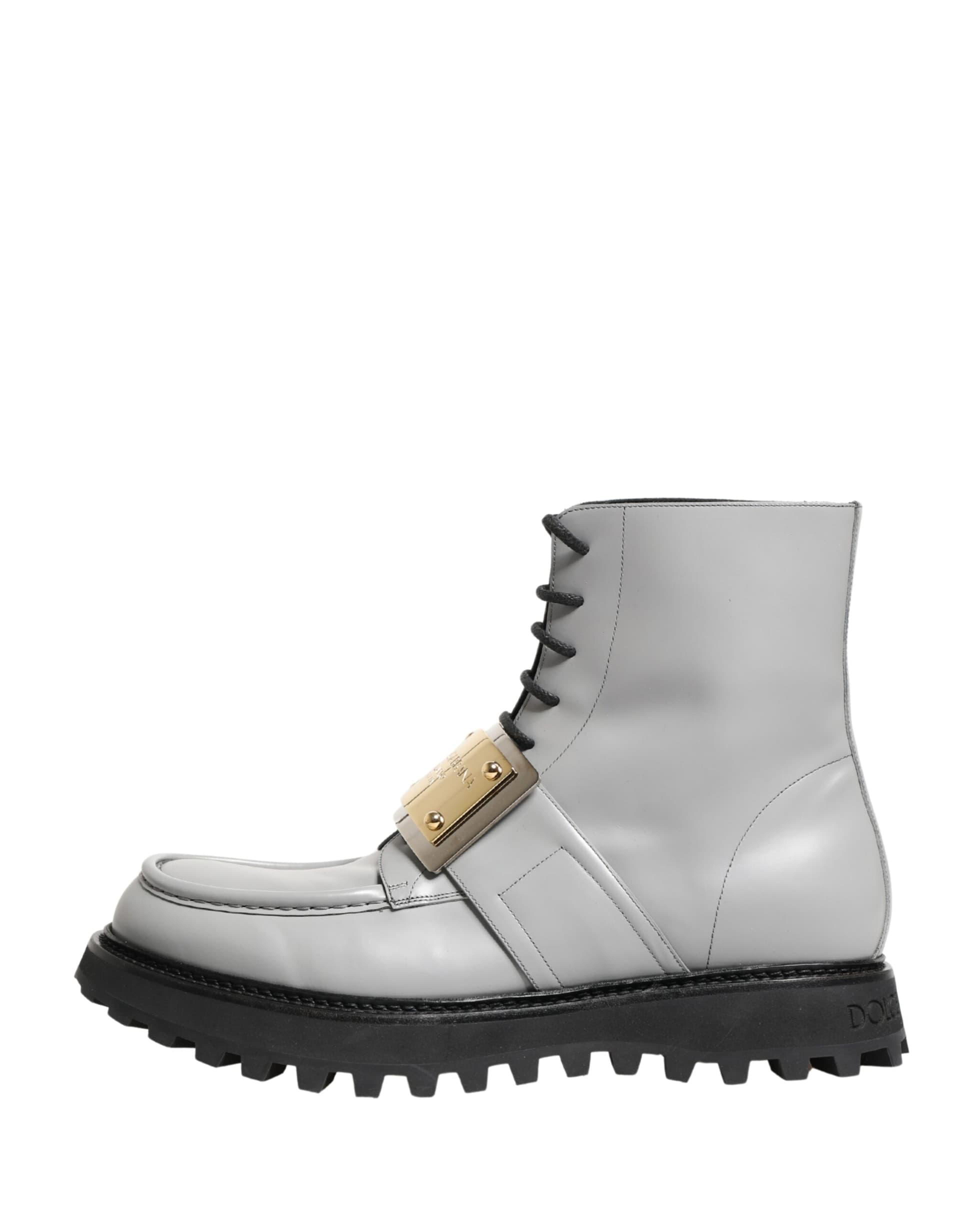 Dolce & Gabbana Gray Leather Logo Plaque Ankle Boots Shoes - 5