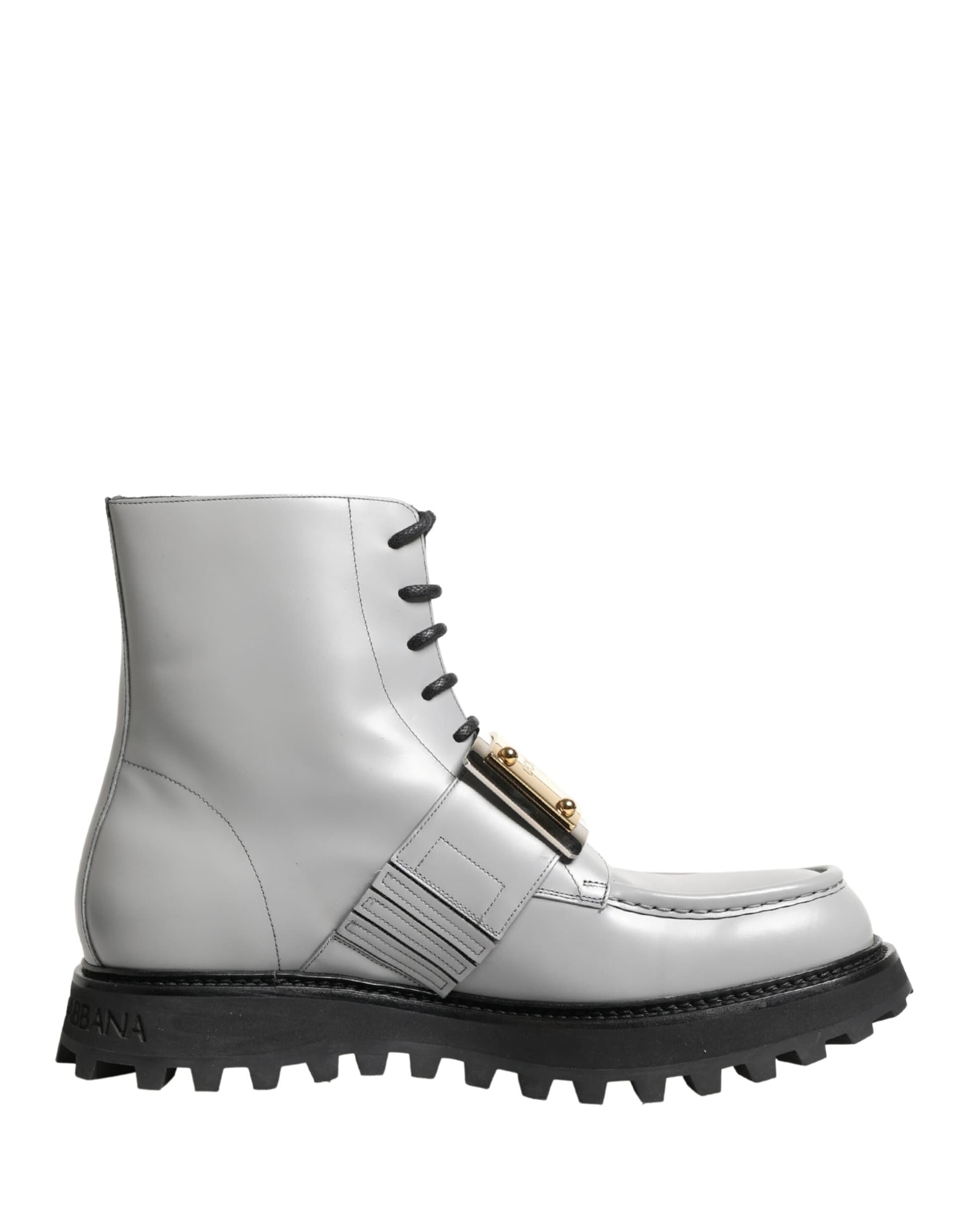 Dolce & Gabbana Gray Leather Logo Plaque Ankle Boots Shoes - 7