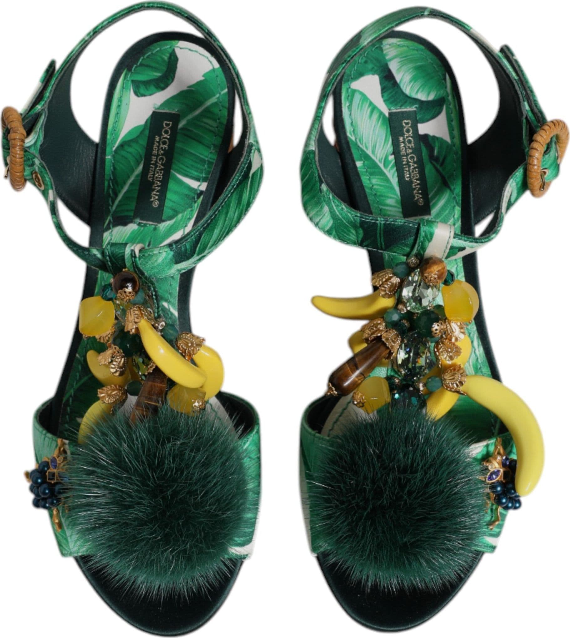 Dolce & Gabbana Green Crystal Fur Embellished Sandals Shoes - 2