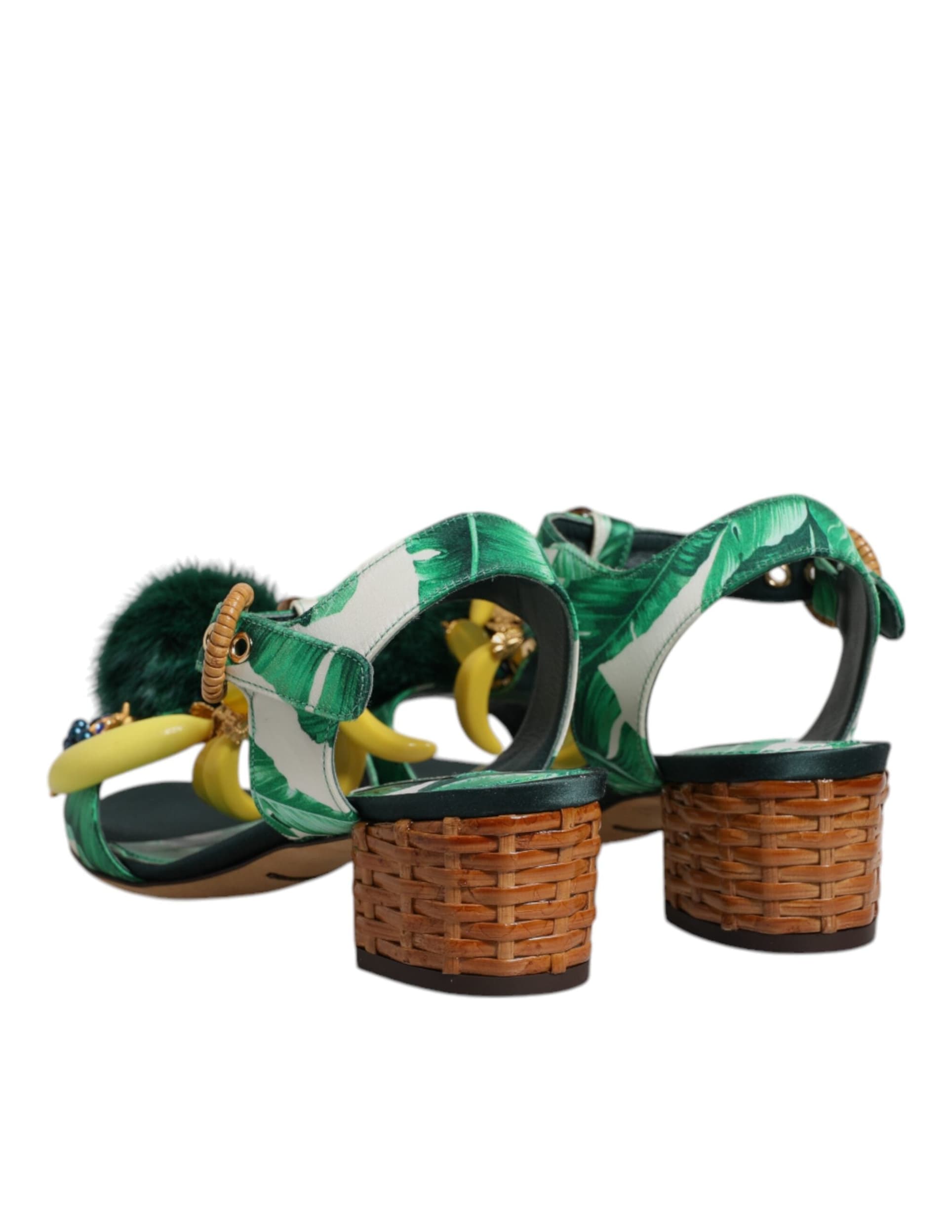 Dolce & Gabbana Green Crystal Fur Embellished Sandals Shoes - 4
