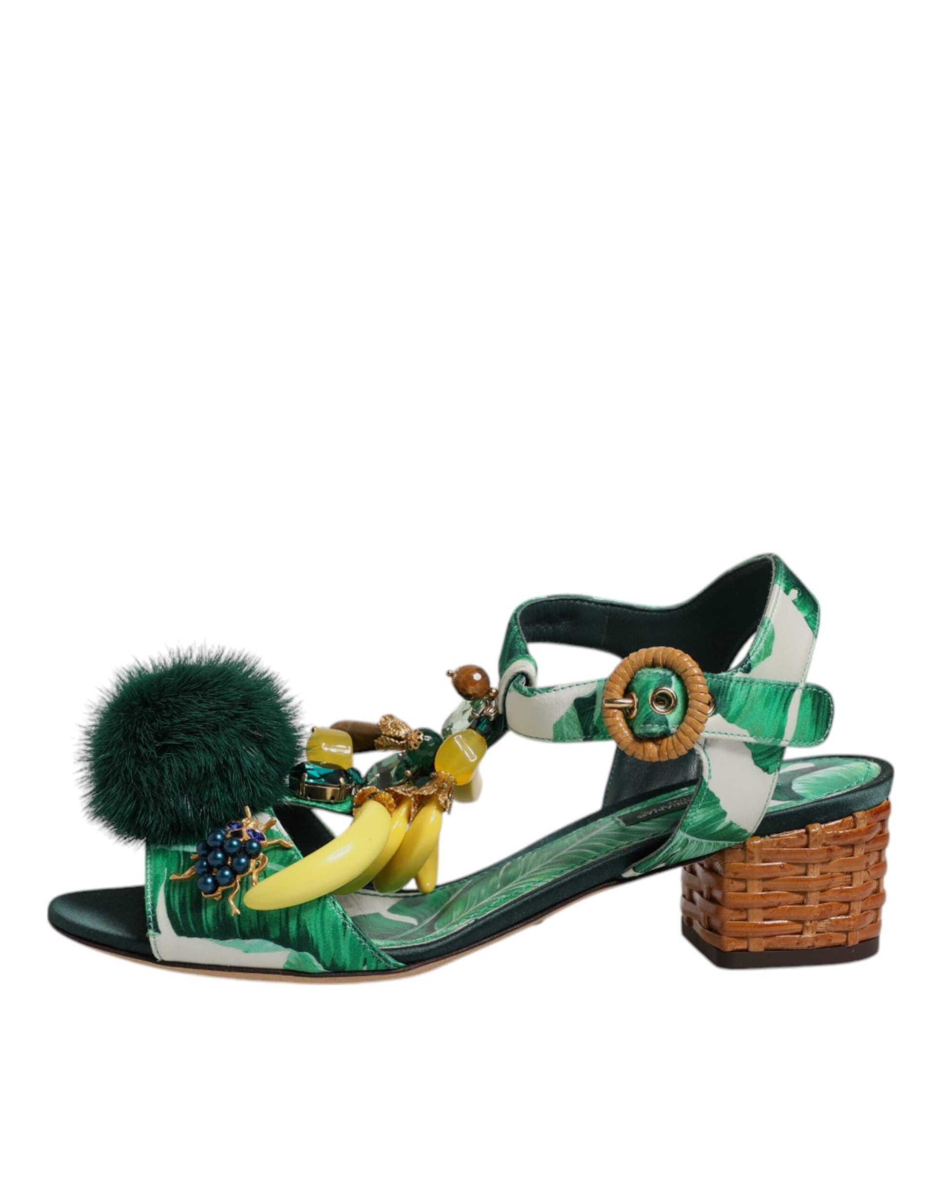 Dolce & Gabbana Green Crystal Fur Embellished Sandals Shoes - 5