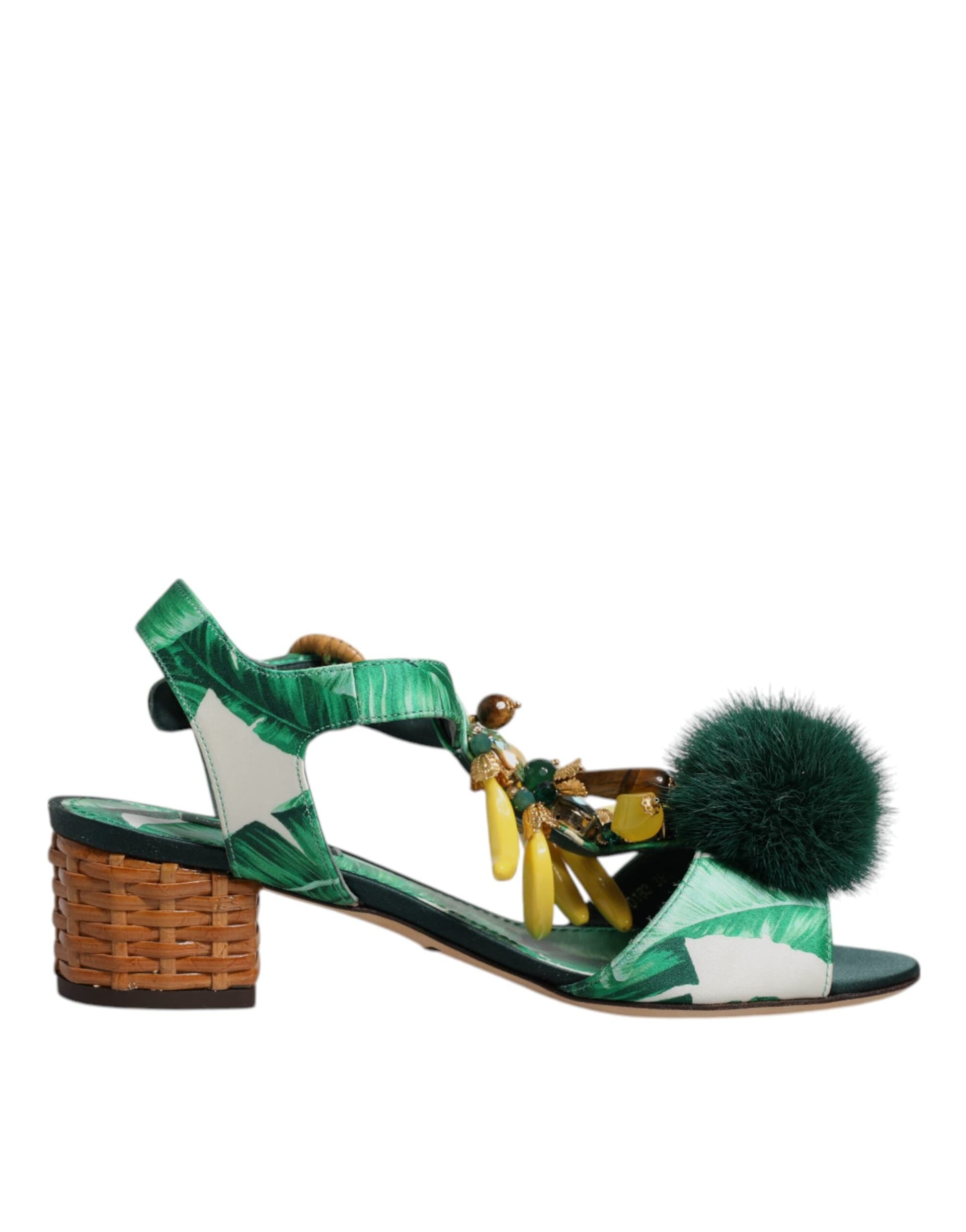 Dolce & Gabbana Green Crystal Fur Embellished Sandals Shoes - 7