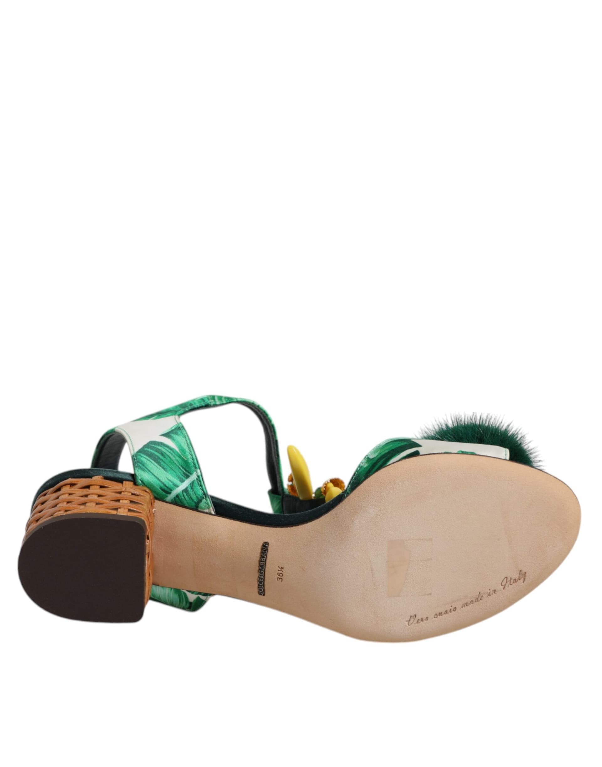 Dolce & Gabbana Green Crystal Fur Embellished Sandals Shoes - 8