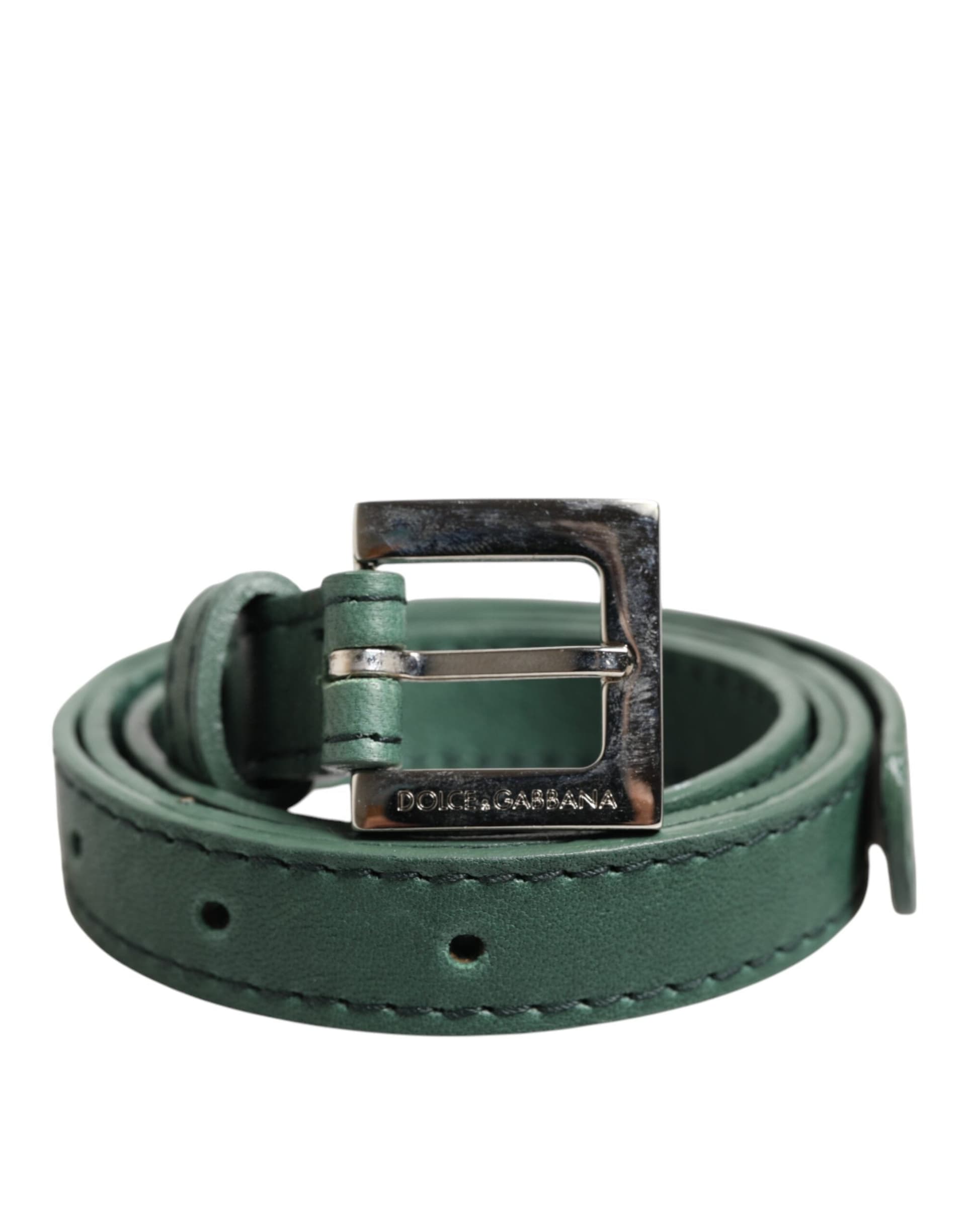 Dolce & Gabbana Dark Green Leather Silver Metal Buckle Belt - 2