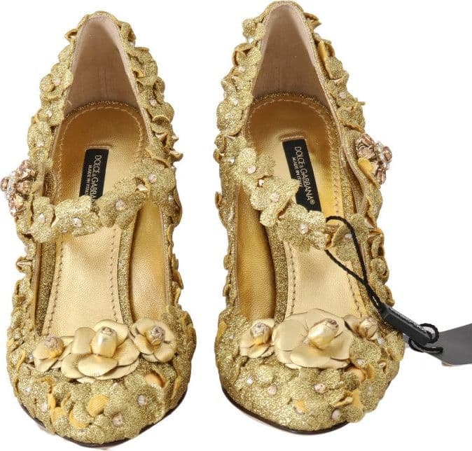 Dolce & Gabbana Gold Floral Crystal Mary Janes Pumps - 8
