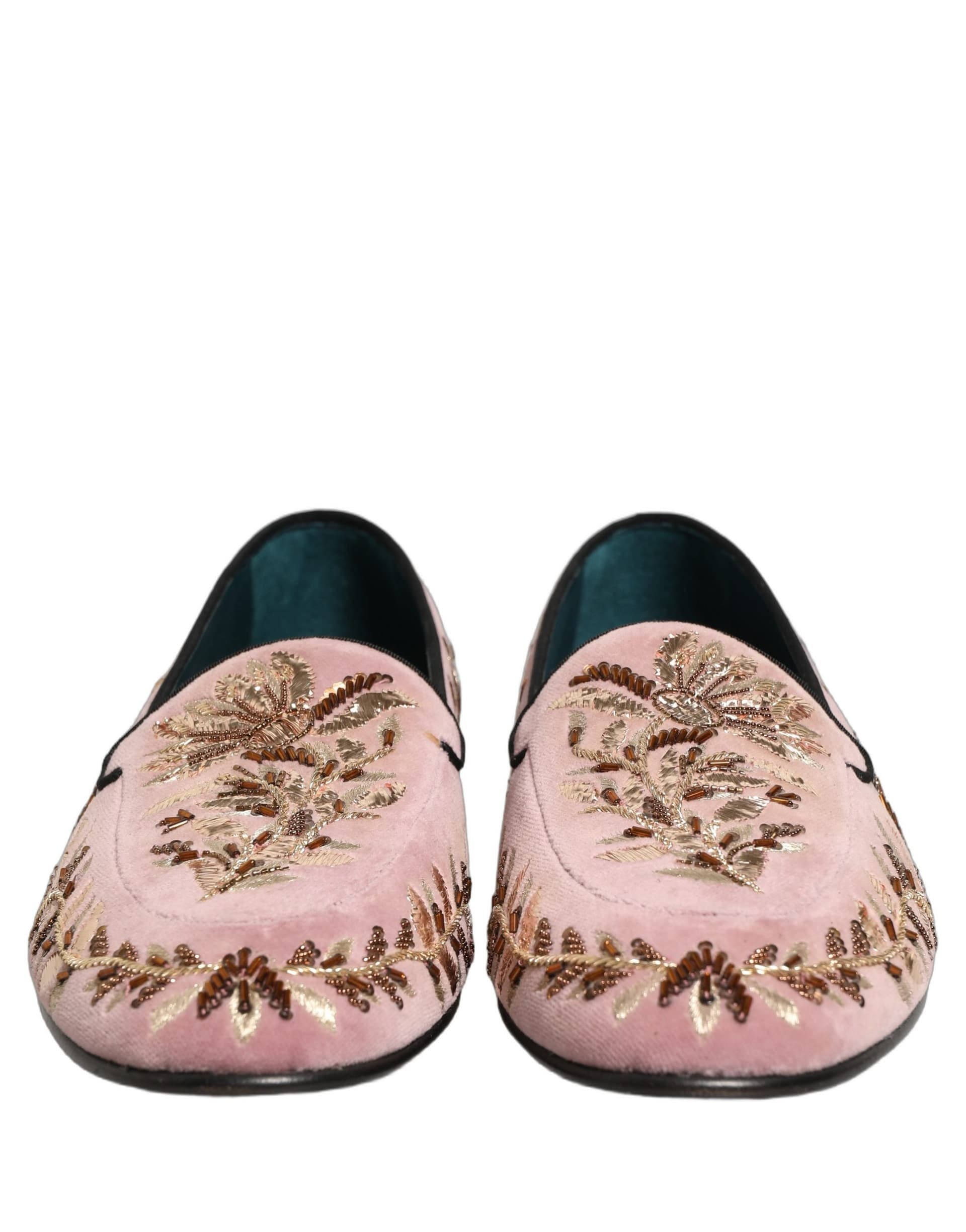 Dolce & Gabbana Pink Velvet Floral Embroidery Loafers Shoes - 2
