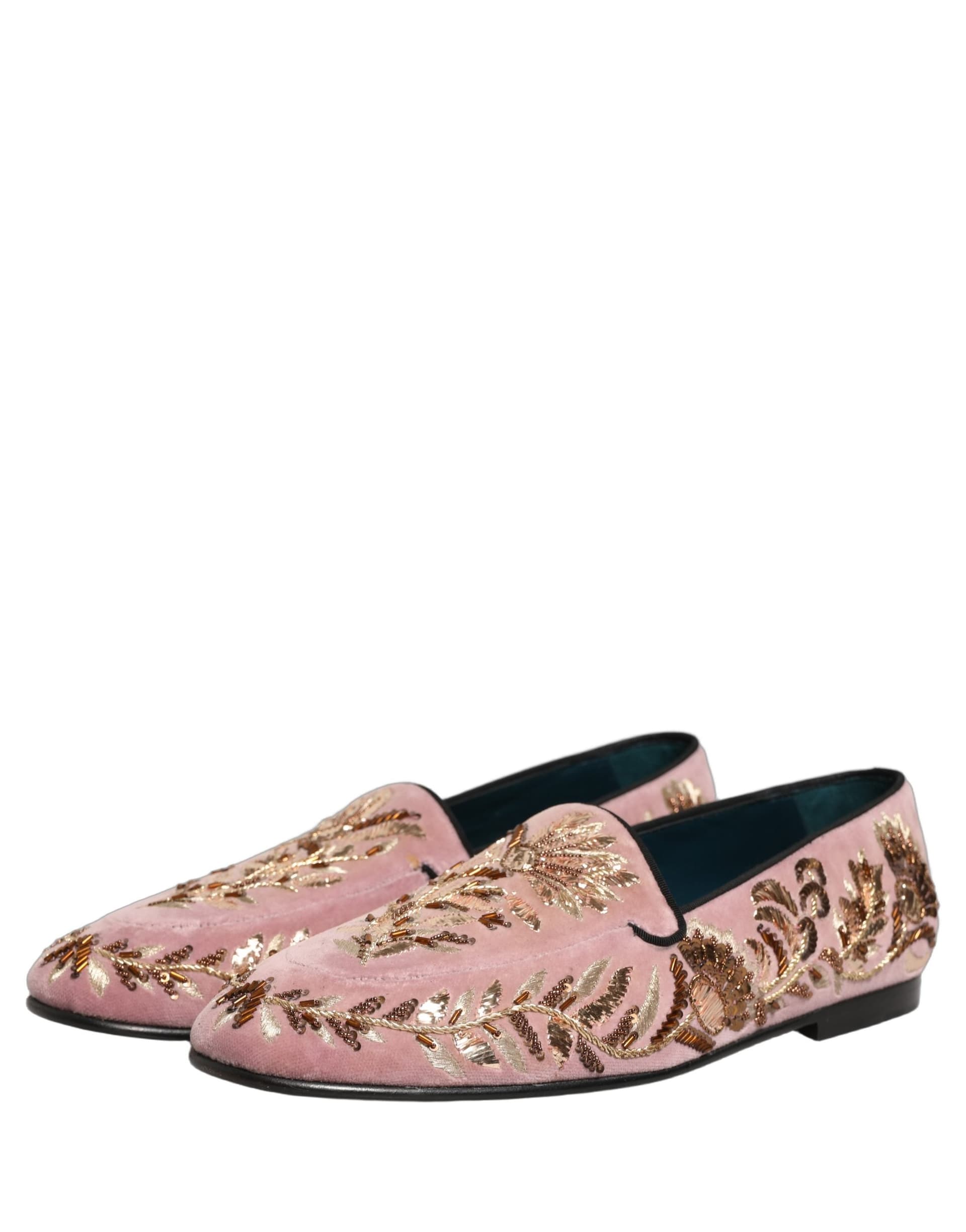 Dolce & Gabbana Pink Velvet Floral Embroidery Loafers Shoes - 4