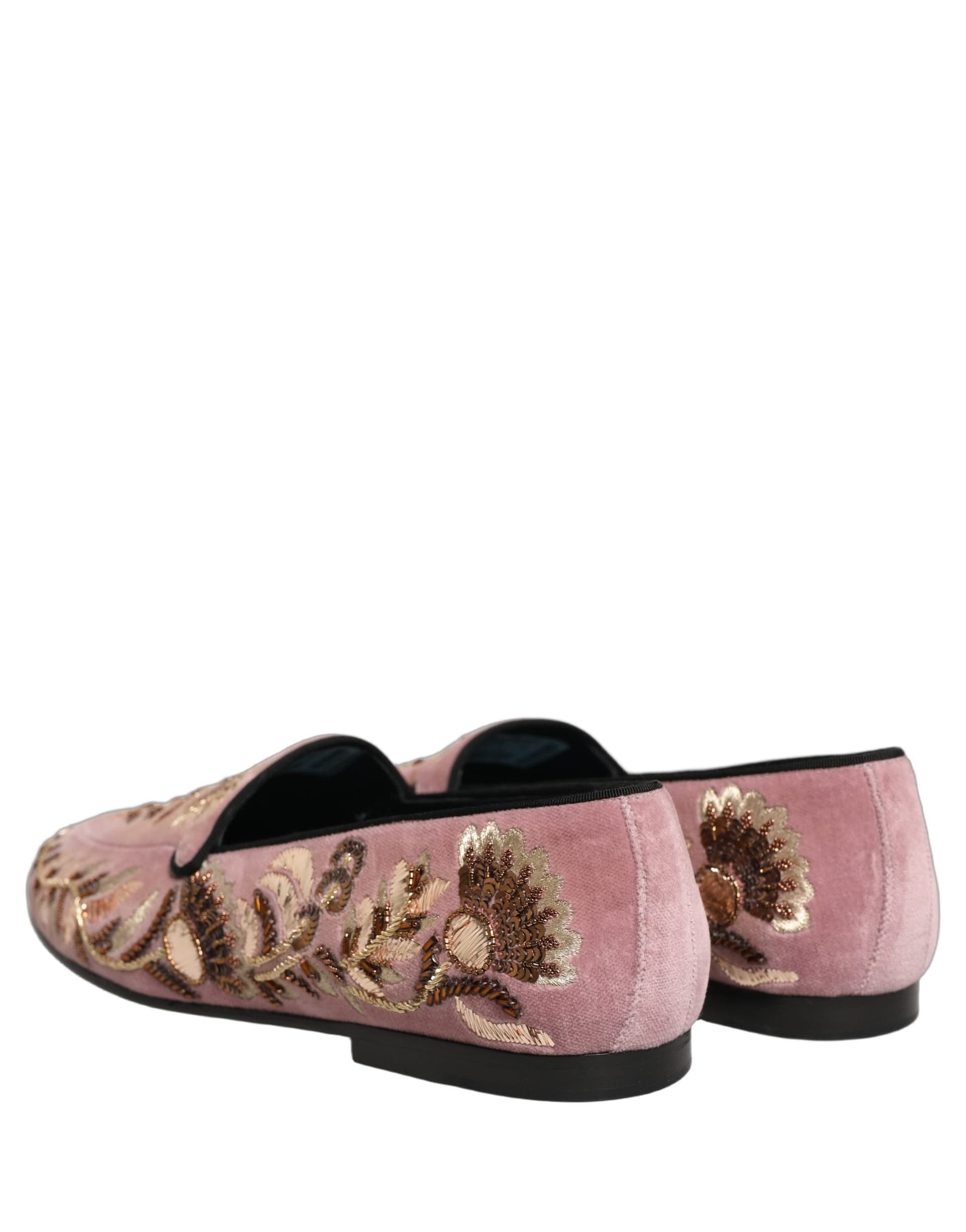 Dolce & Gabbana Pink Velvet Floral Embroidery Loafers Shoes - 5